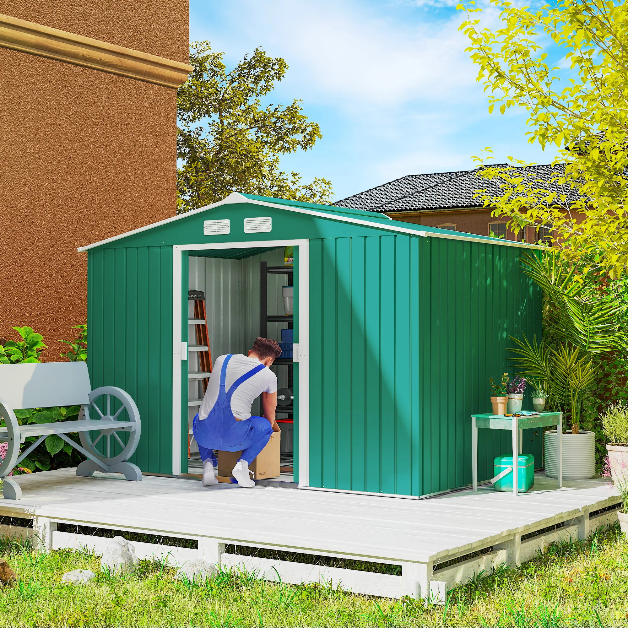 EverBase 9' x 6' Metal Garden Storage Shed with Foundation Kit & Double Doors, Green - Image 3