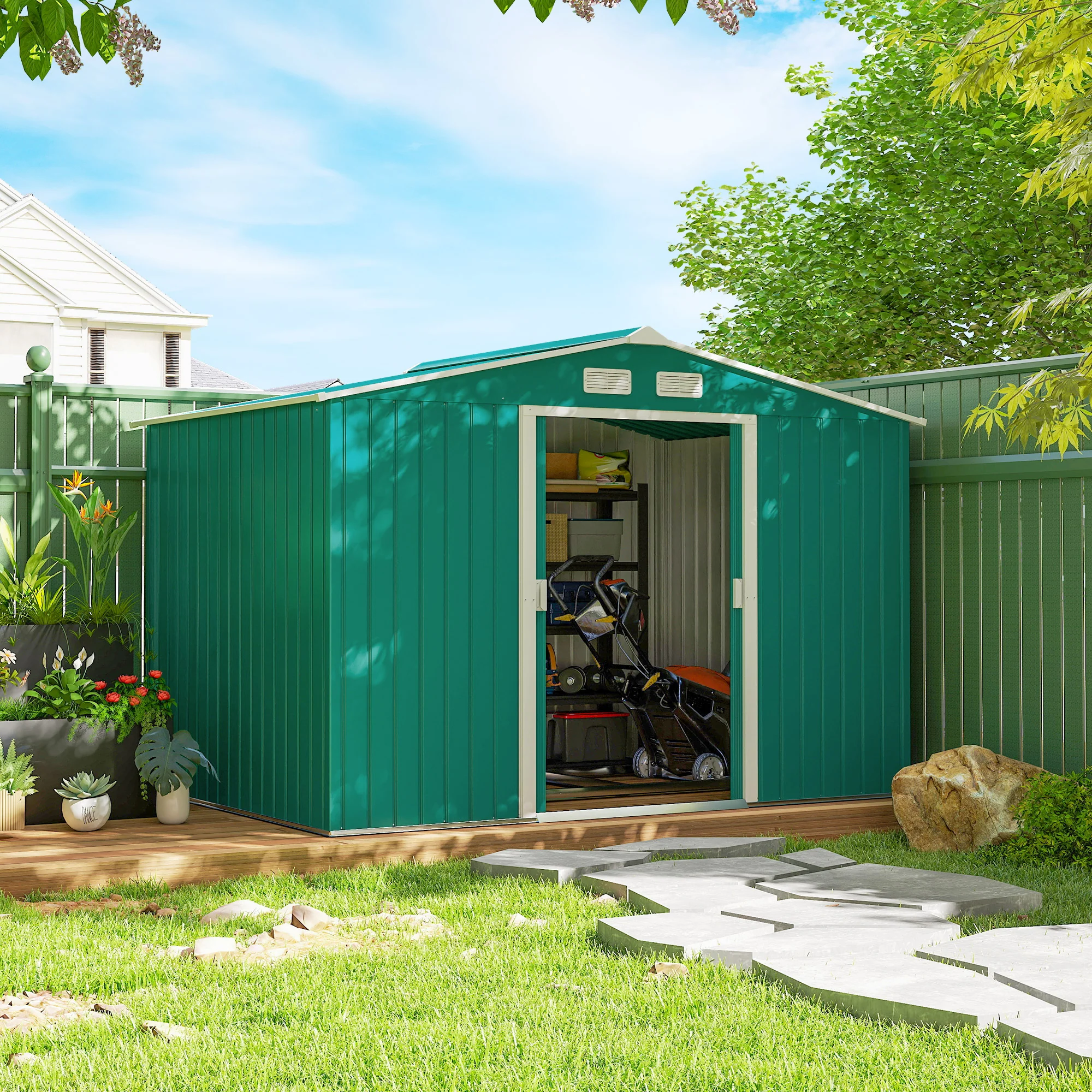 EverBase 9' x 6' Metal Garden Storage Shed with Foundation Kit & Double Doors, Green - Image 4