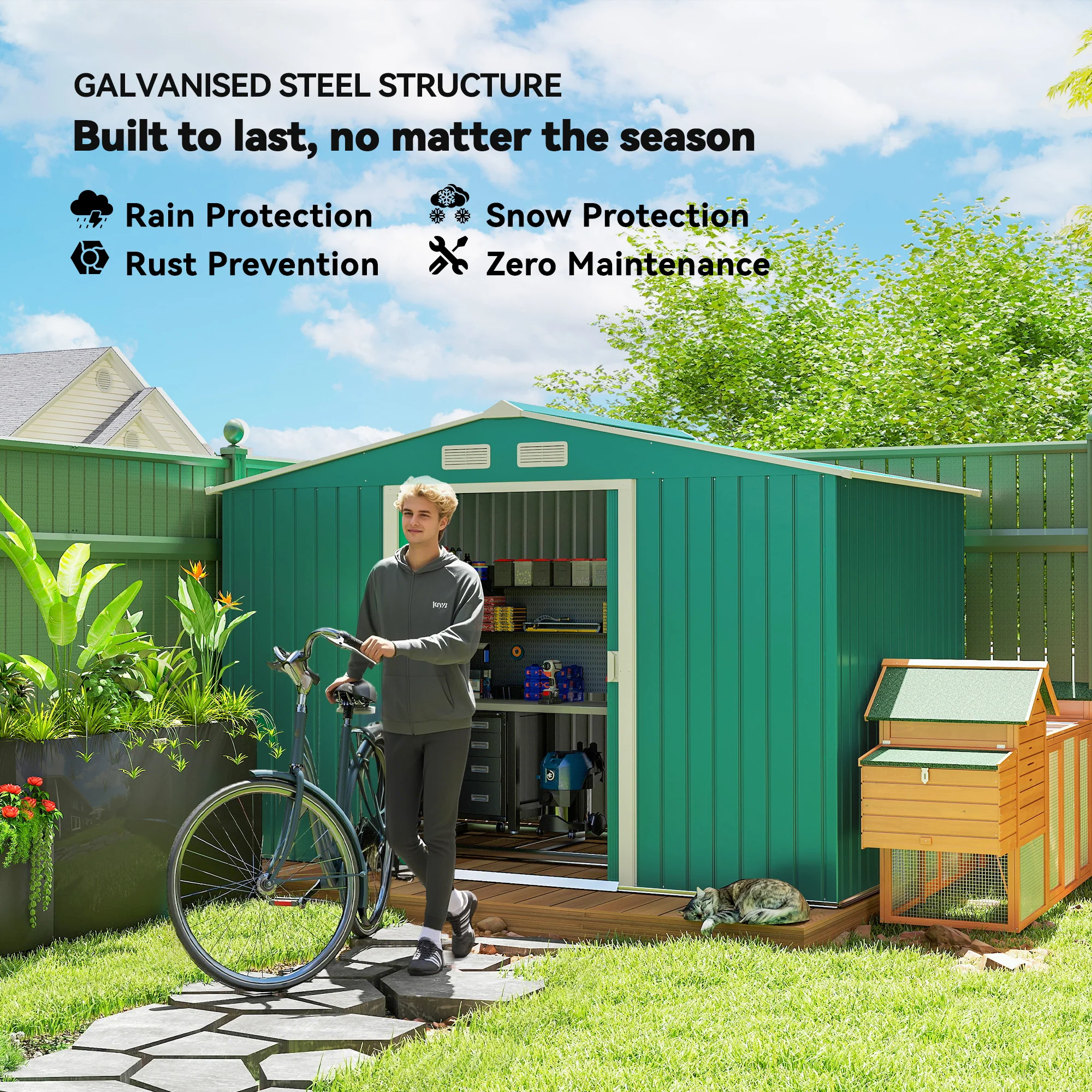 EverBase 9' x 6' Metal Garden Storage Shed with Foundation Kit & Double Doors, Green - Image 6