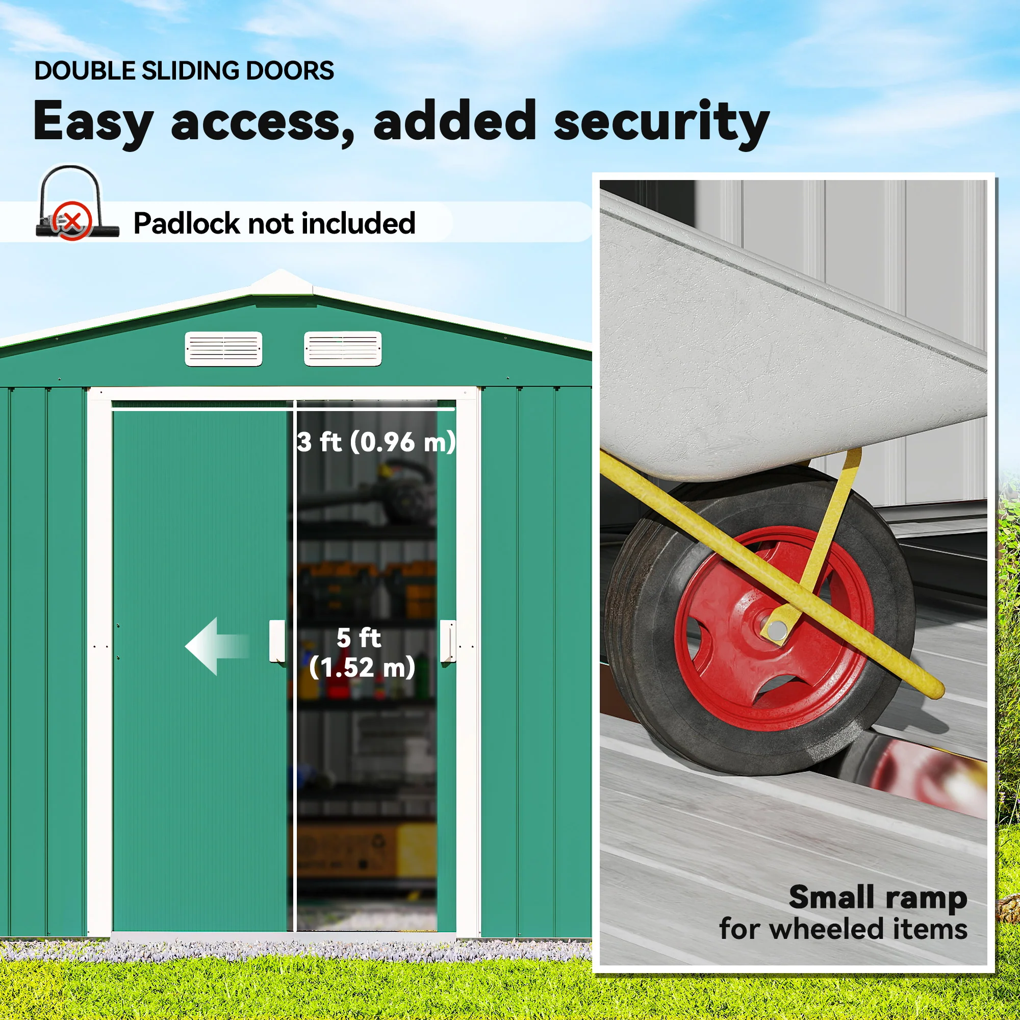 EverBase 9' x 6' Metal Garden Storage Shed with Foundation Kit & Double Doors, Green - Image 7
