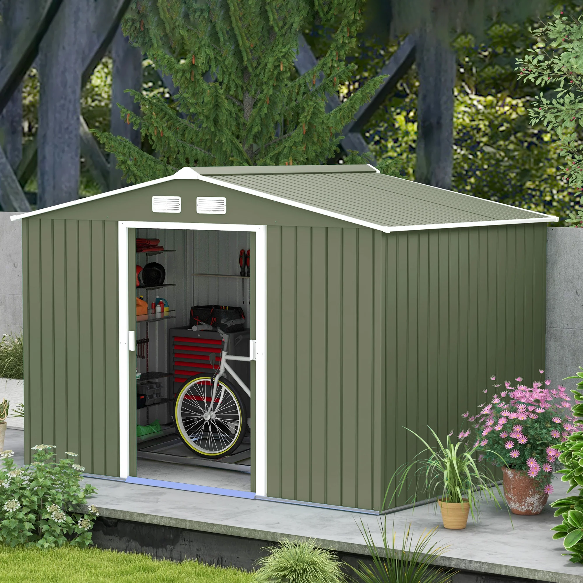 EverBase 9' x 6' Metal Garden Storage Shed with Foundation Kit & Double Doors, Light Green - Image 4