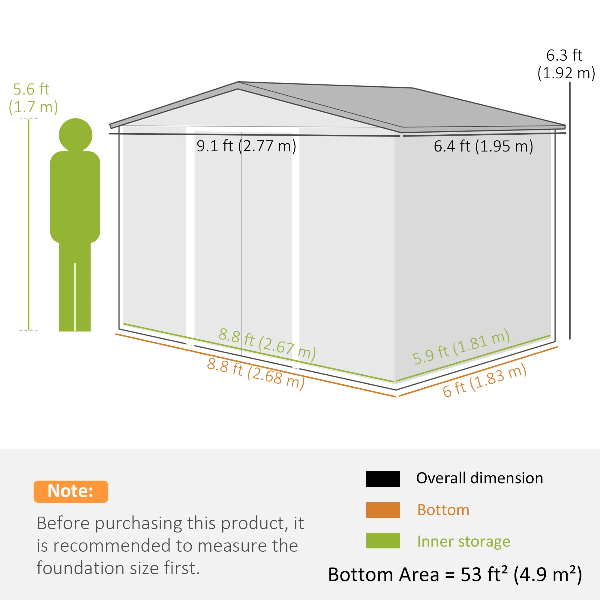 EverBase 9' x 6' Metal Garden Storage Shed with Foundation Kit & Double Doors, Silver - Image 5