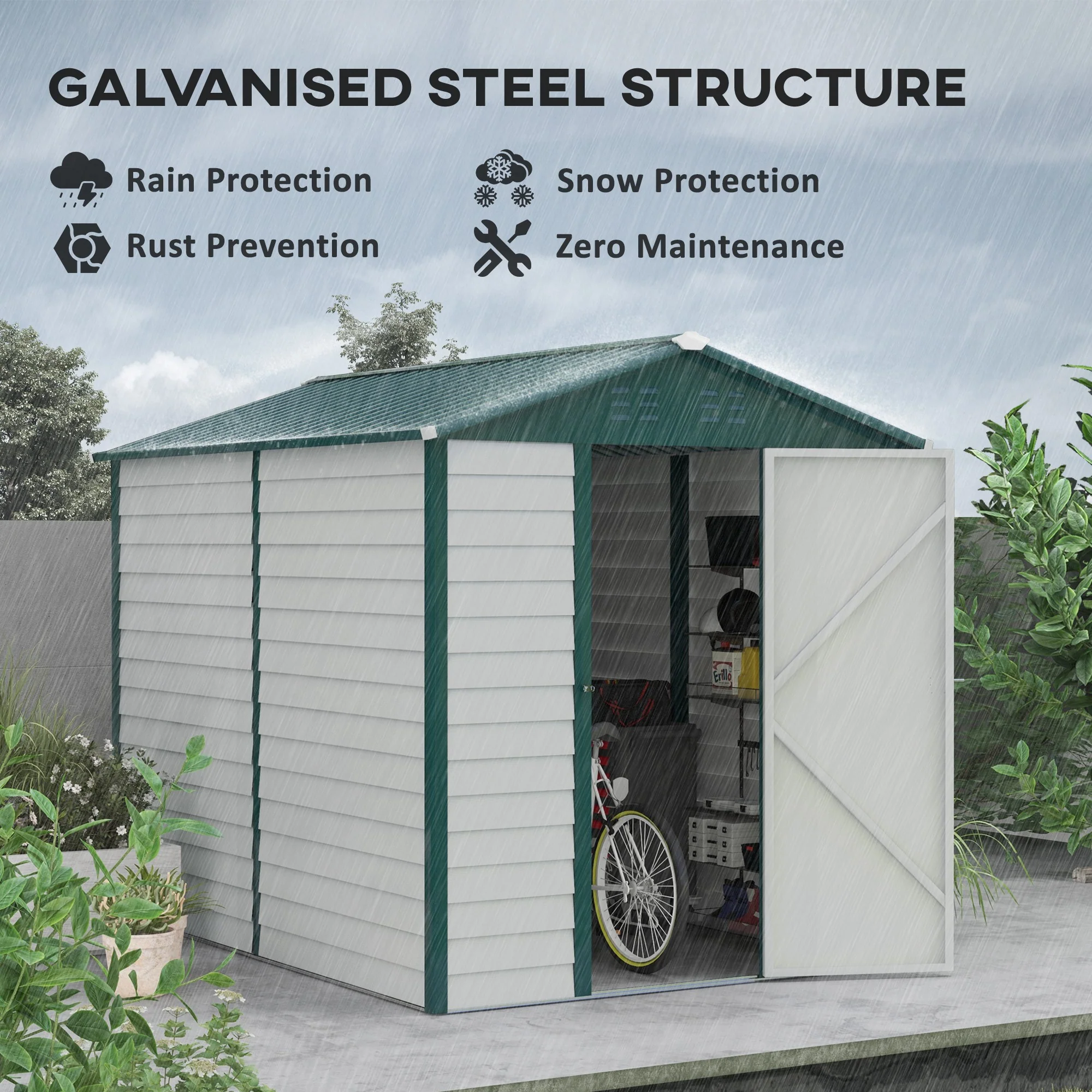 9 x 6FT Outdoor Metal Storage Shed with Window, Lockable Door for Yard, Patio, Lawn, Green - Image 6