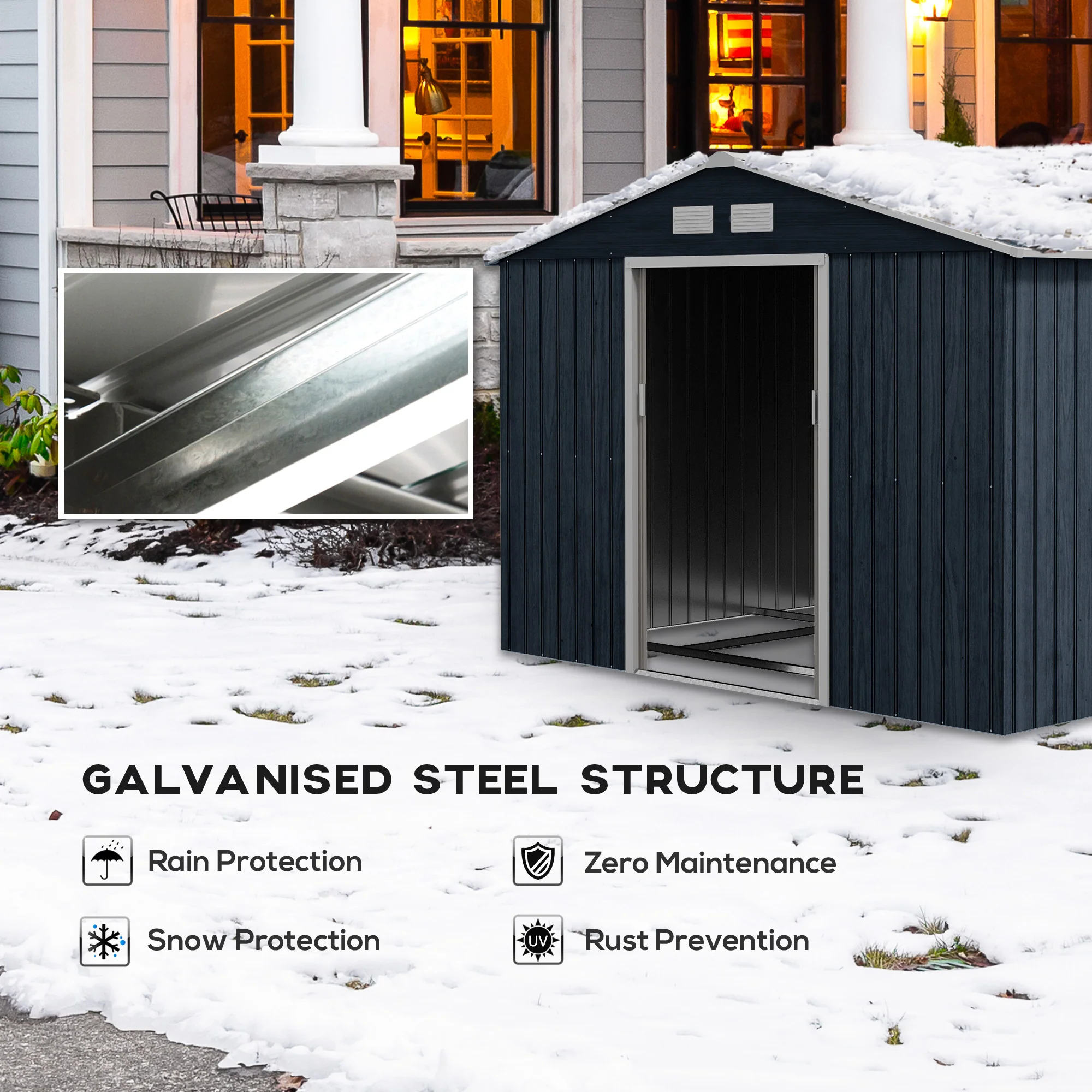 EverBase 9 x 6ft Metal Garden Shed with Double Sliding Doors & Shutter Vents, Dark Grey - Image 6