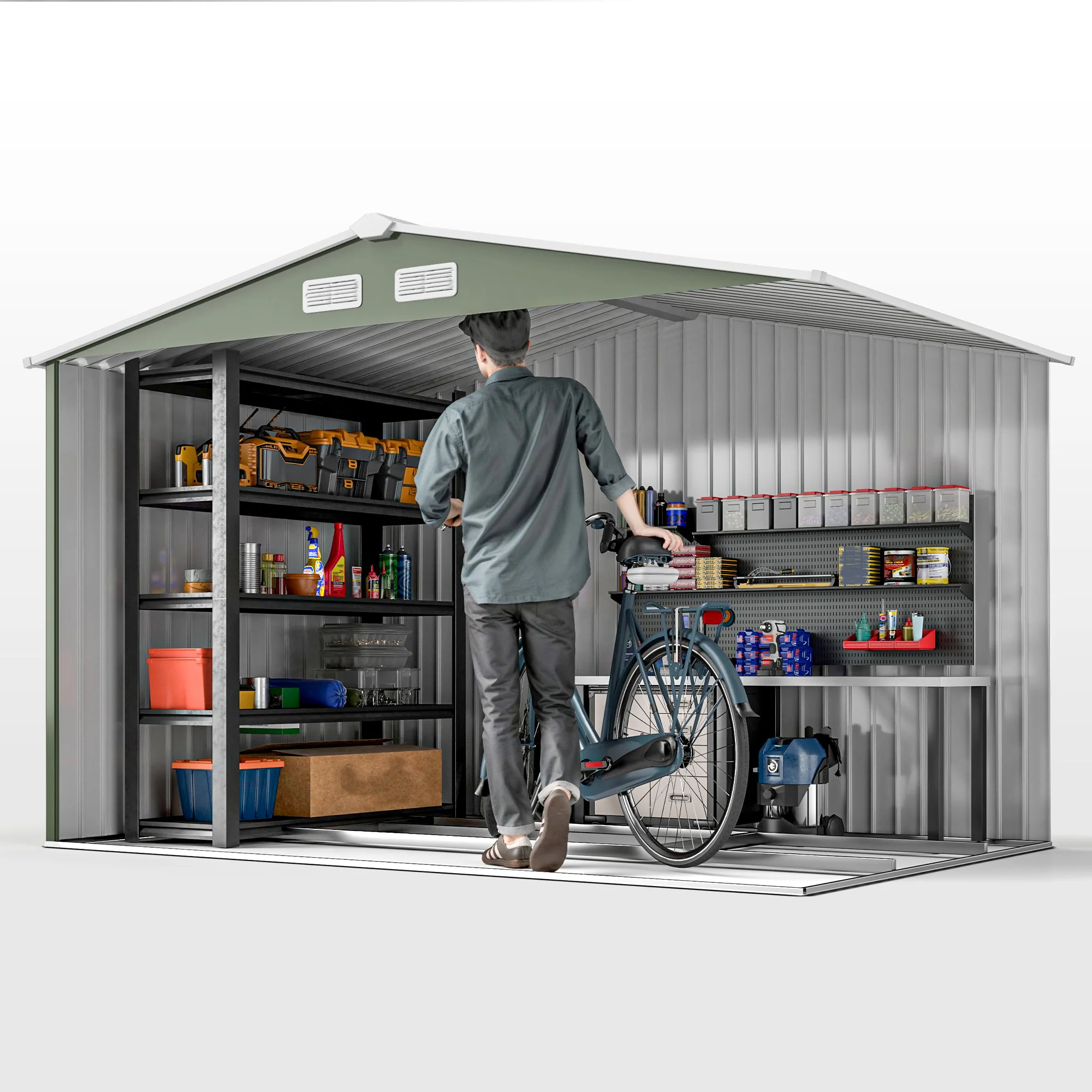 EverBase 9 x 6ft Metal Garden Shed with Double Sliding Doors & Shutter Vents, Light Green - Image 10