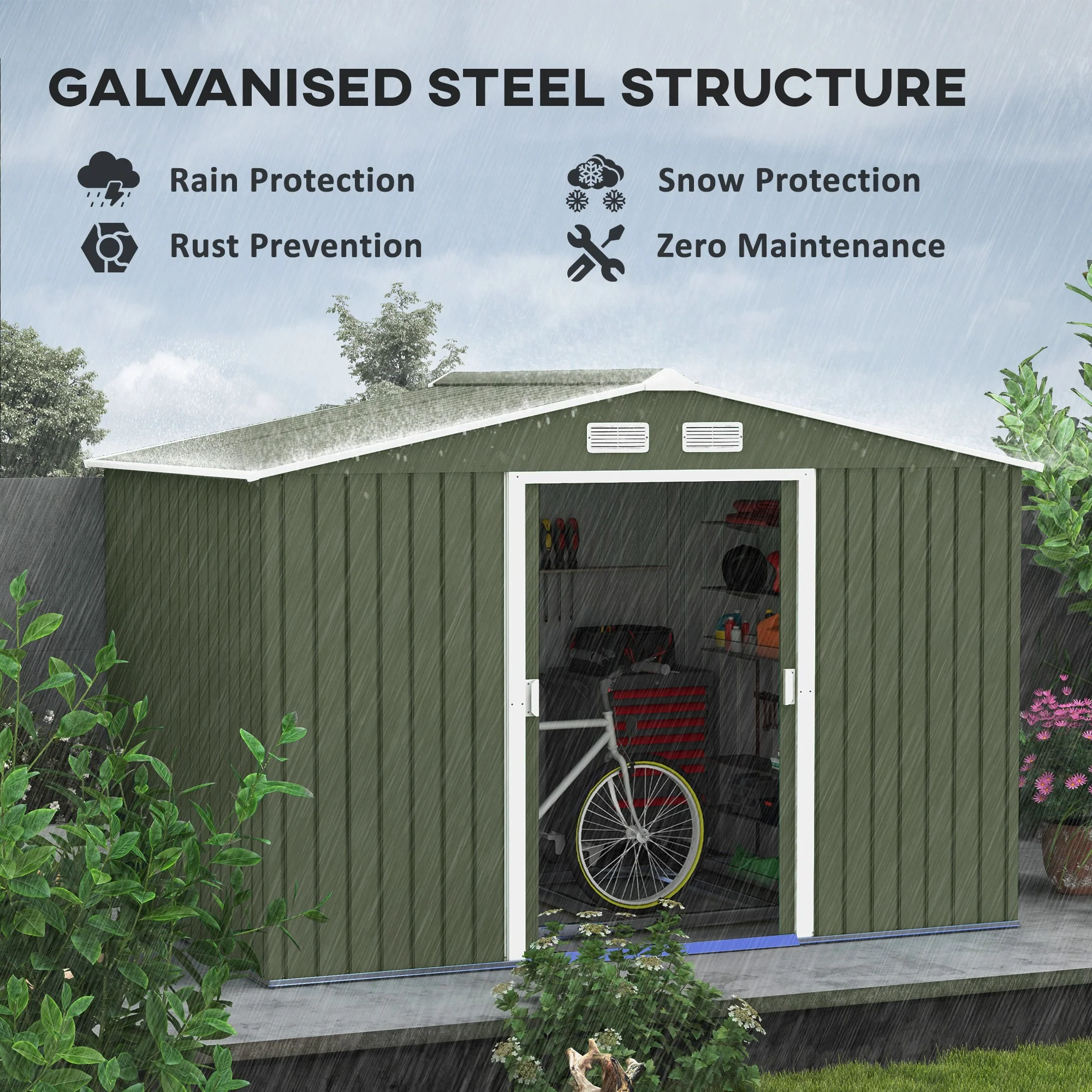 EverBase 9 x 6ft Metal Garden Shed with Double Sliding Doors & Shutter Vents, Light Green - Image 6