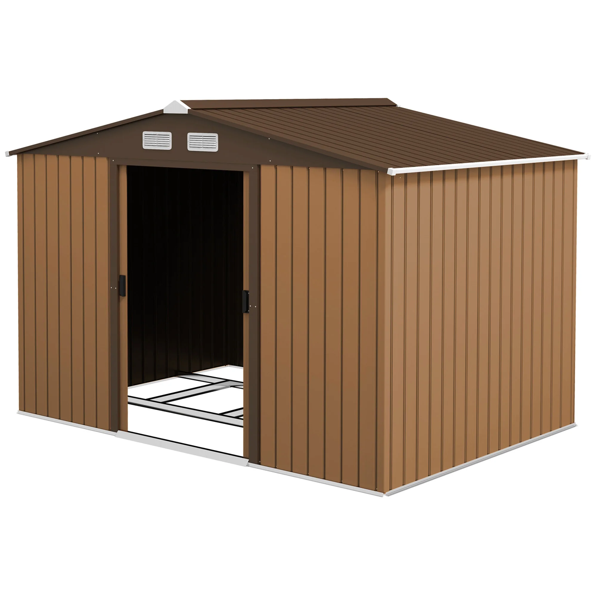 EverBase 9 x 6ft Metal Garden Shed with Double Sliding Doors & Shutter Vents, Light Brown - Image 2