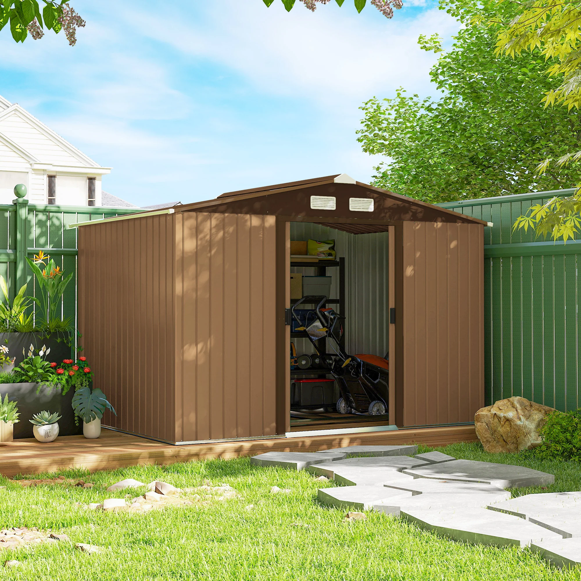 EverBase 9 x 6ft Metal Garden Shed with Double Sliding Doors & Shutter Vents, Light Brown - Image 4