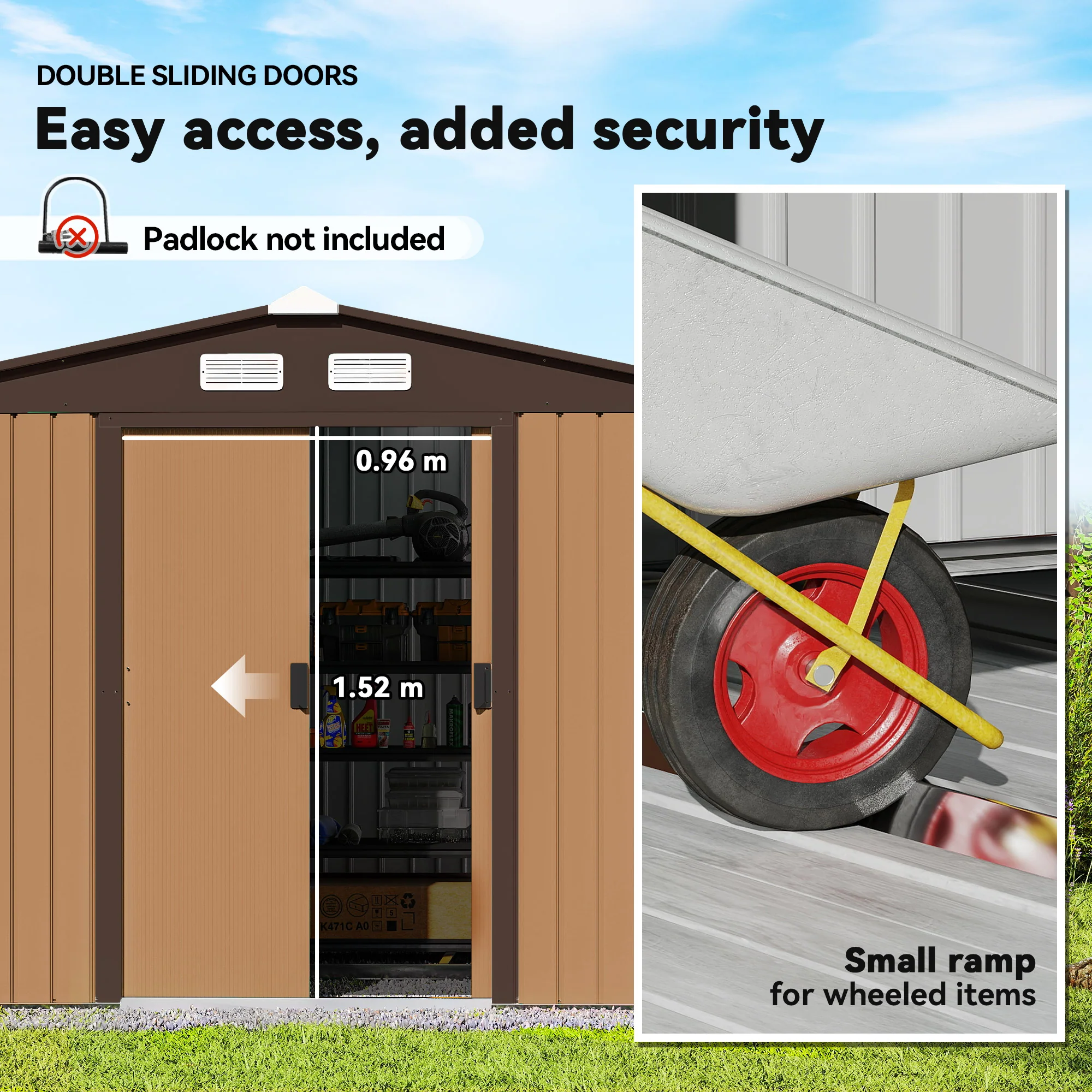 EverBase 9 x 6ft Metal Garden Shed with Double Sliding Doors & Shutter Vents, Light Brown - Image 7
