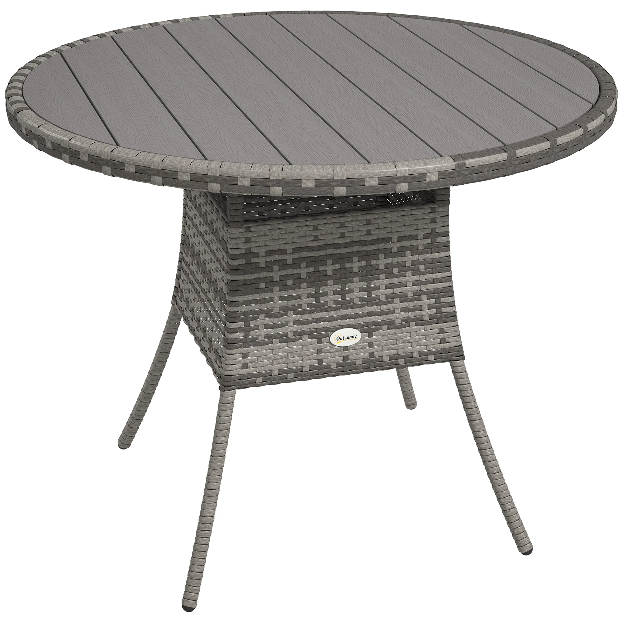 90 cm Rattan Patio Dining Table with Wood-plastic Composite Top for Balcony, Garden, Grey