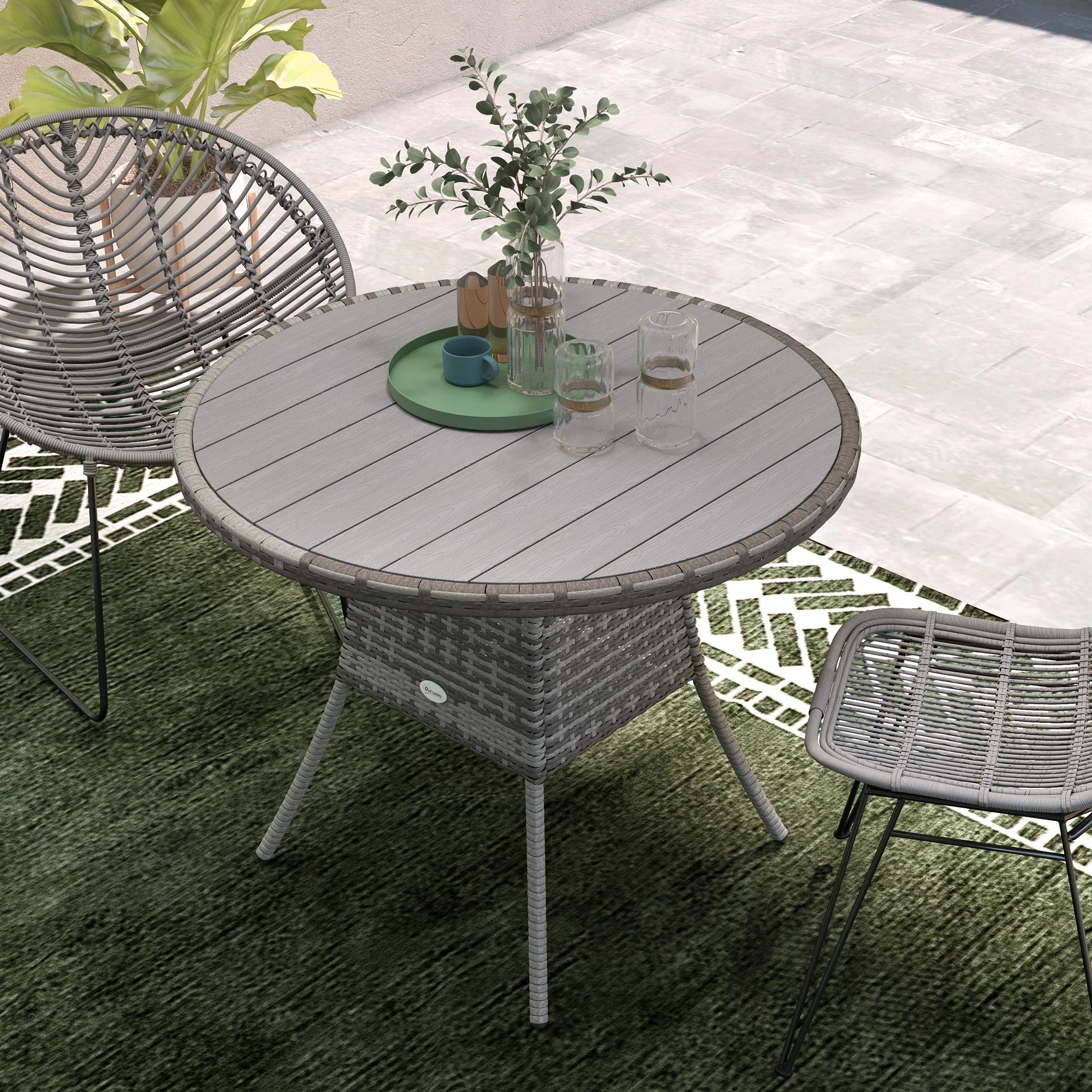 90 cm Rattan Patio Dining Table with Wood-plastic Composite Top for Balcony, Garden, Grey - Image 10