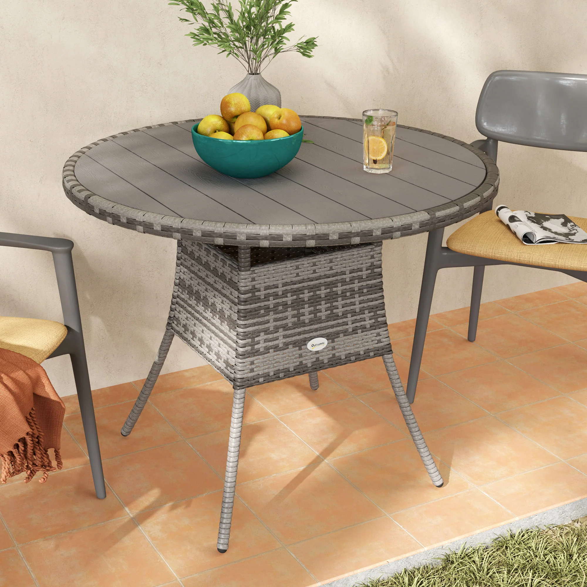 90 cm Rattan Patio Dining Table with Wood-plastic Composite Top for Balcony, Garden, Grey - Image 11