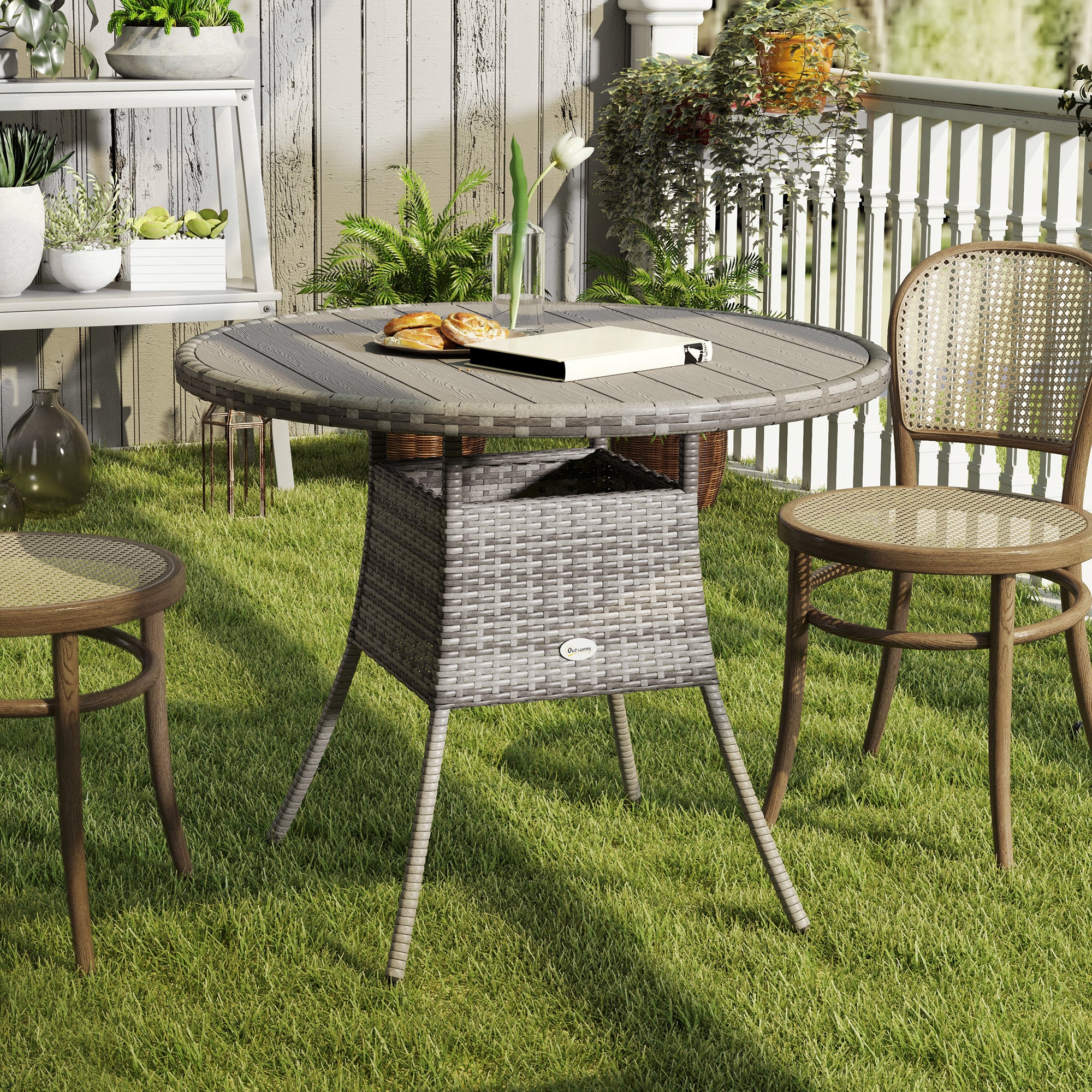 90 cm Rattan Patio Dining Table with Wood-plastic Composite Top for Balcony, Garden, Grey - Image 3