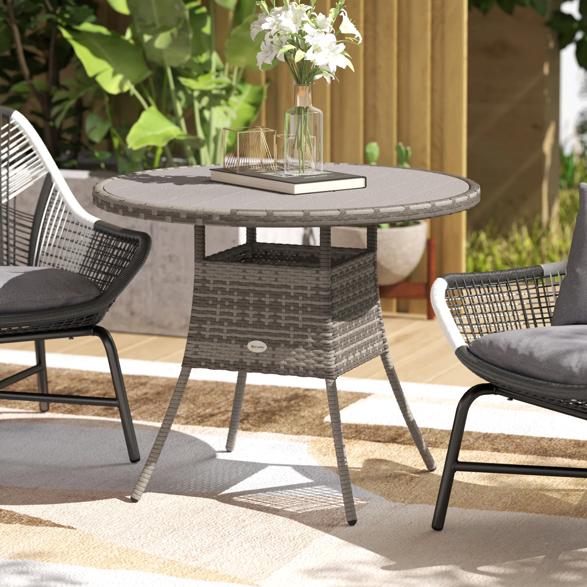 90 cm Rattan Patio Dining Table with Wood-plastic Composite Top for Balcony, Garden, Grey - Image 4