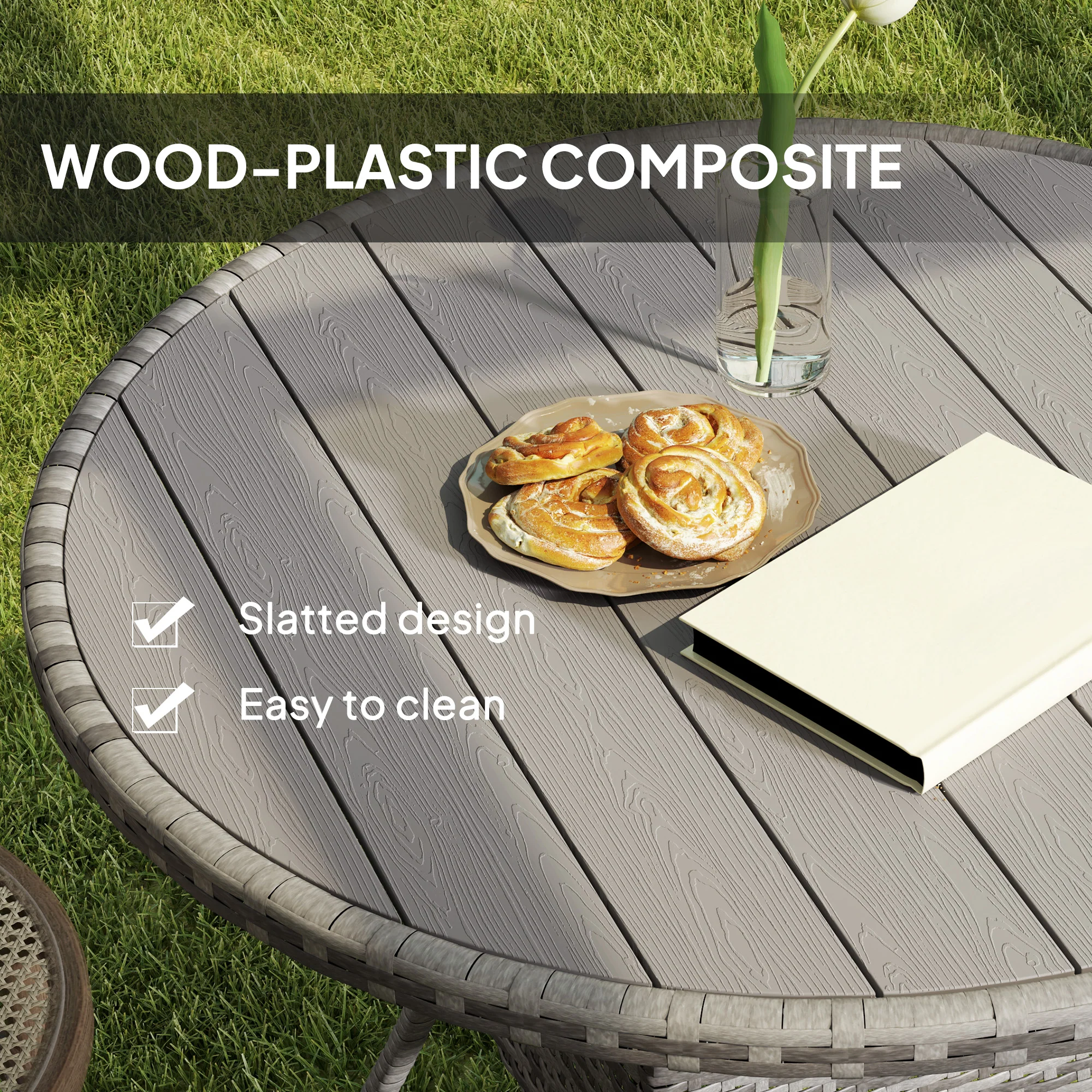 90 cm Rattan Patio Dining Table with Wood-plastic Composite Top for Balcony, Garden, Grey - Image 7