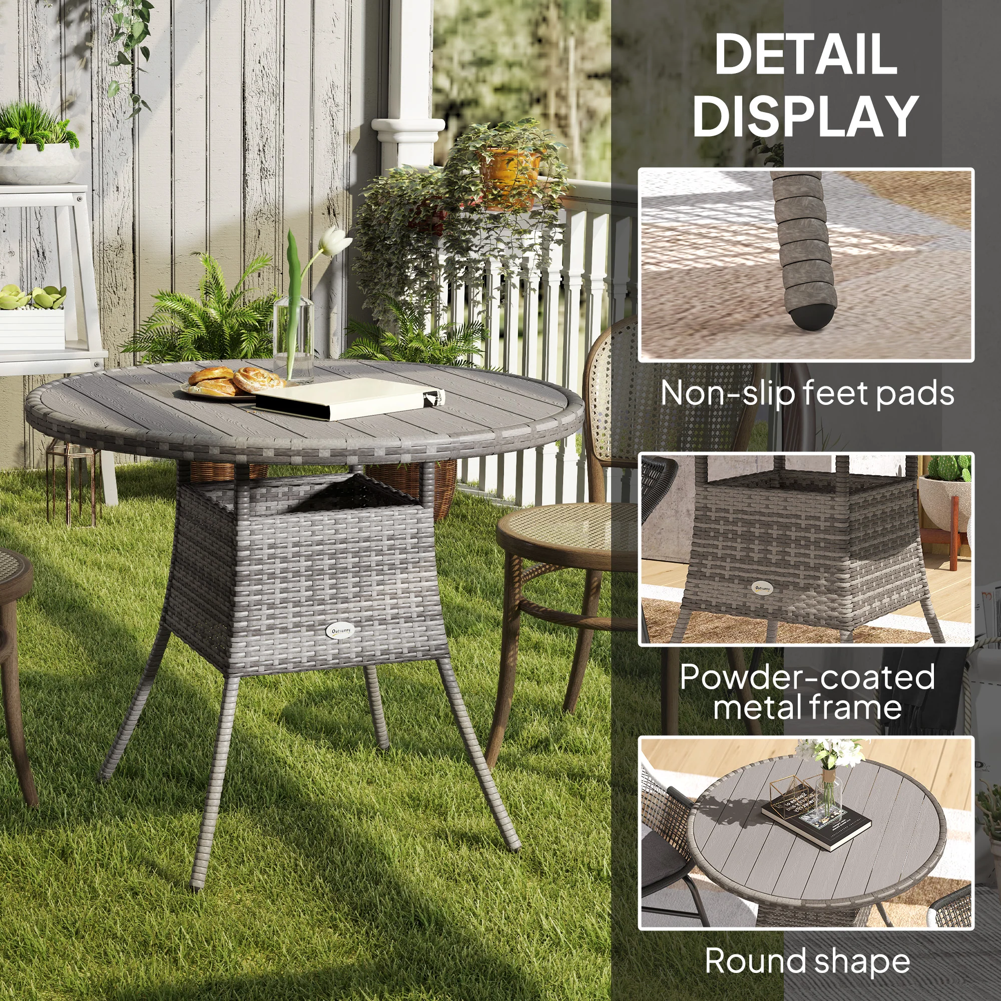 90 cm Rattan Patio Dining Table with Wood-plastic Composite Top for Balcony, Garden, Grey - Image 8