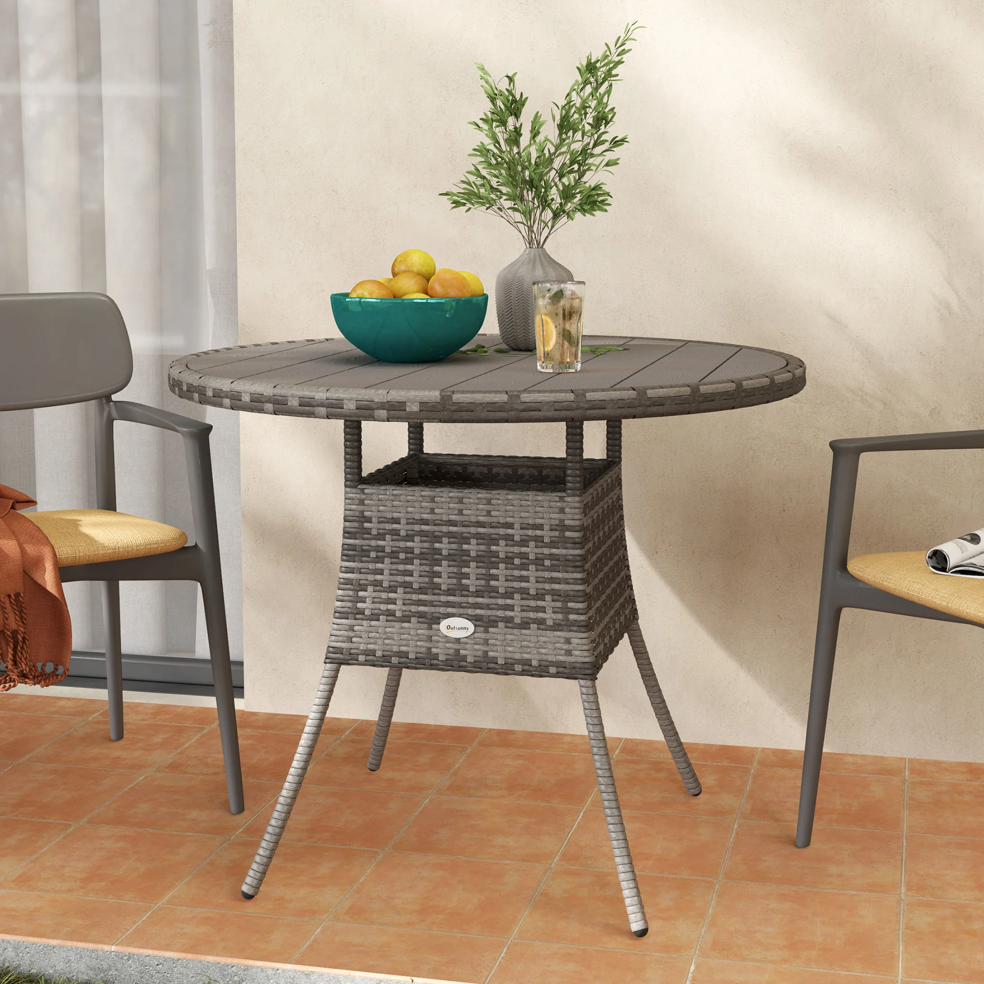 90 cm Rattan Patio Dining Table with Wood-plastic Composite Top for Balcony, Garden, Grey - Image 9