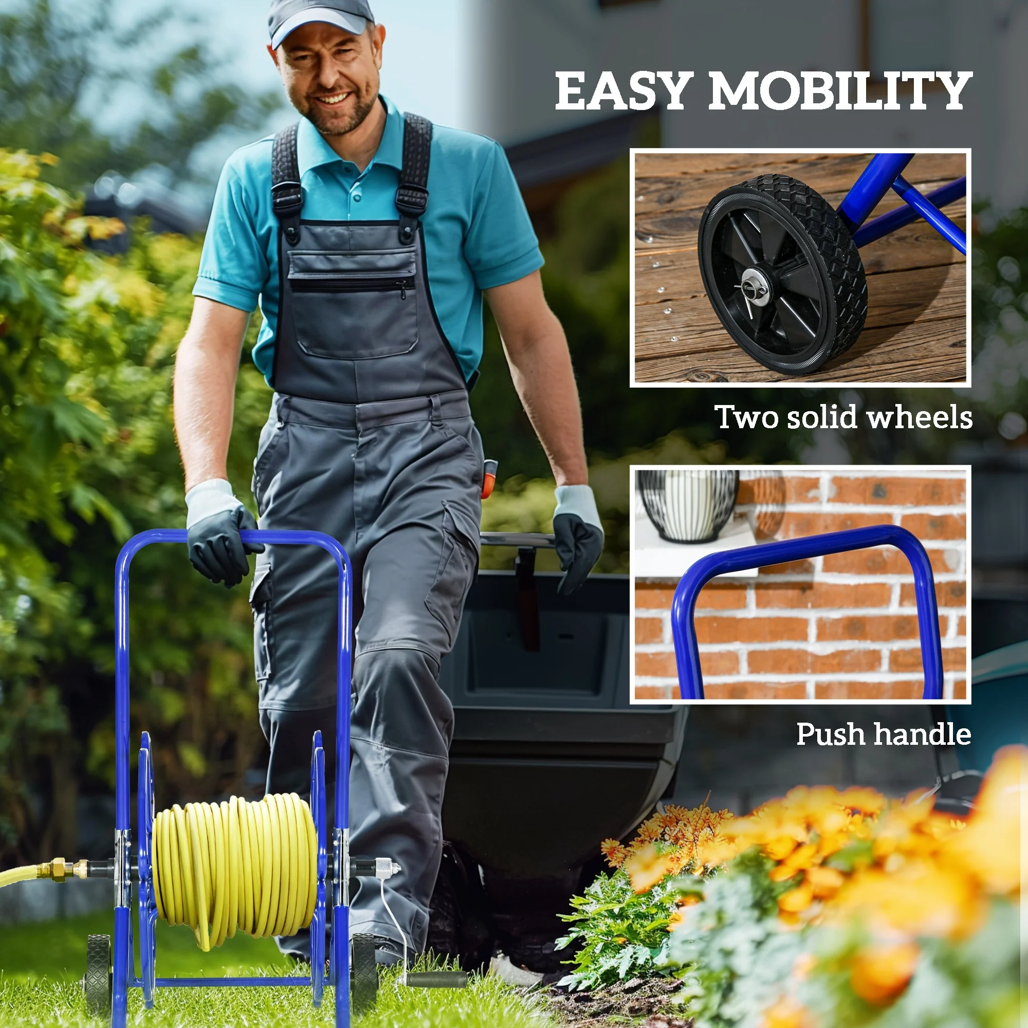 98ft 5/8" Hose Reel Cart with Wheels (Hose Not Included), Blue - Image 8