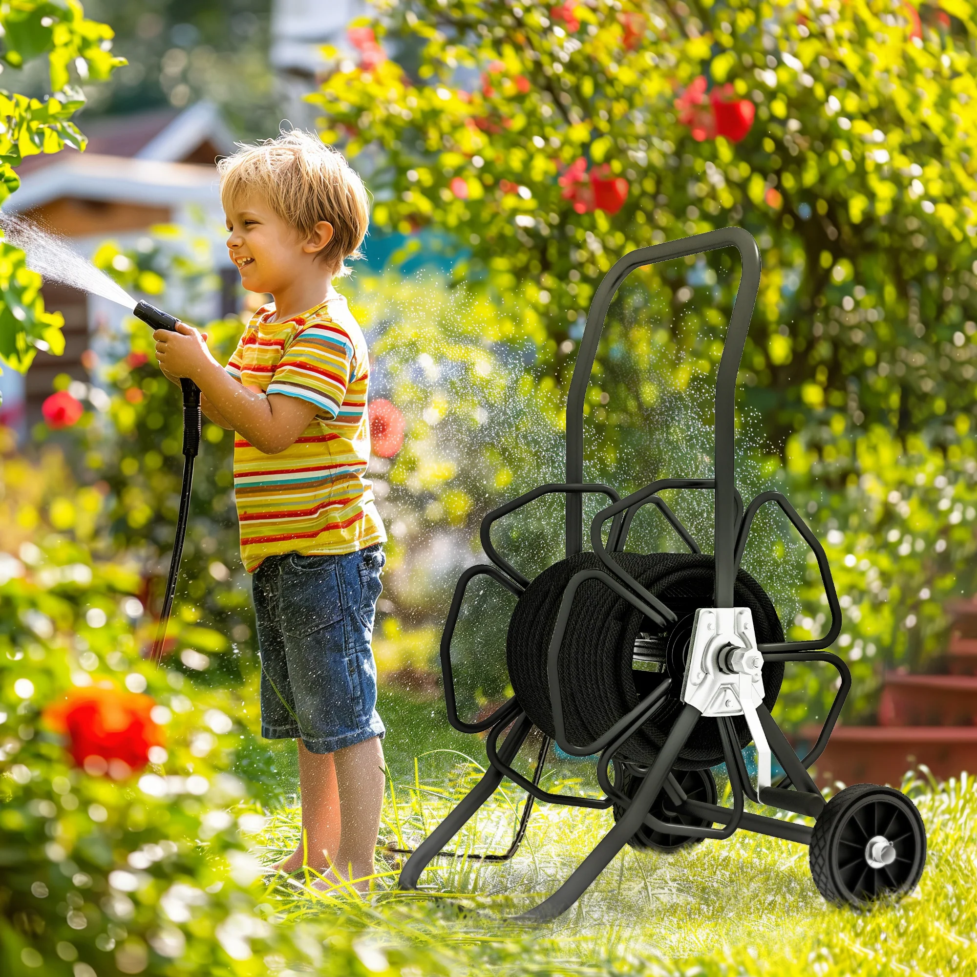 98ft 5/8" Hose Reel Cart with Wheels (Hose Not Included), Black - Image 3