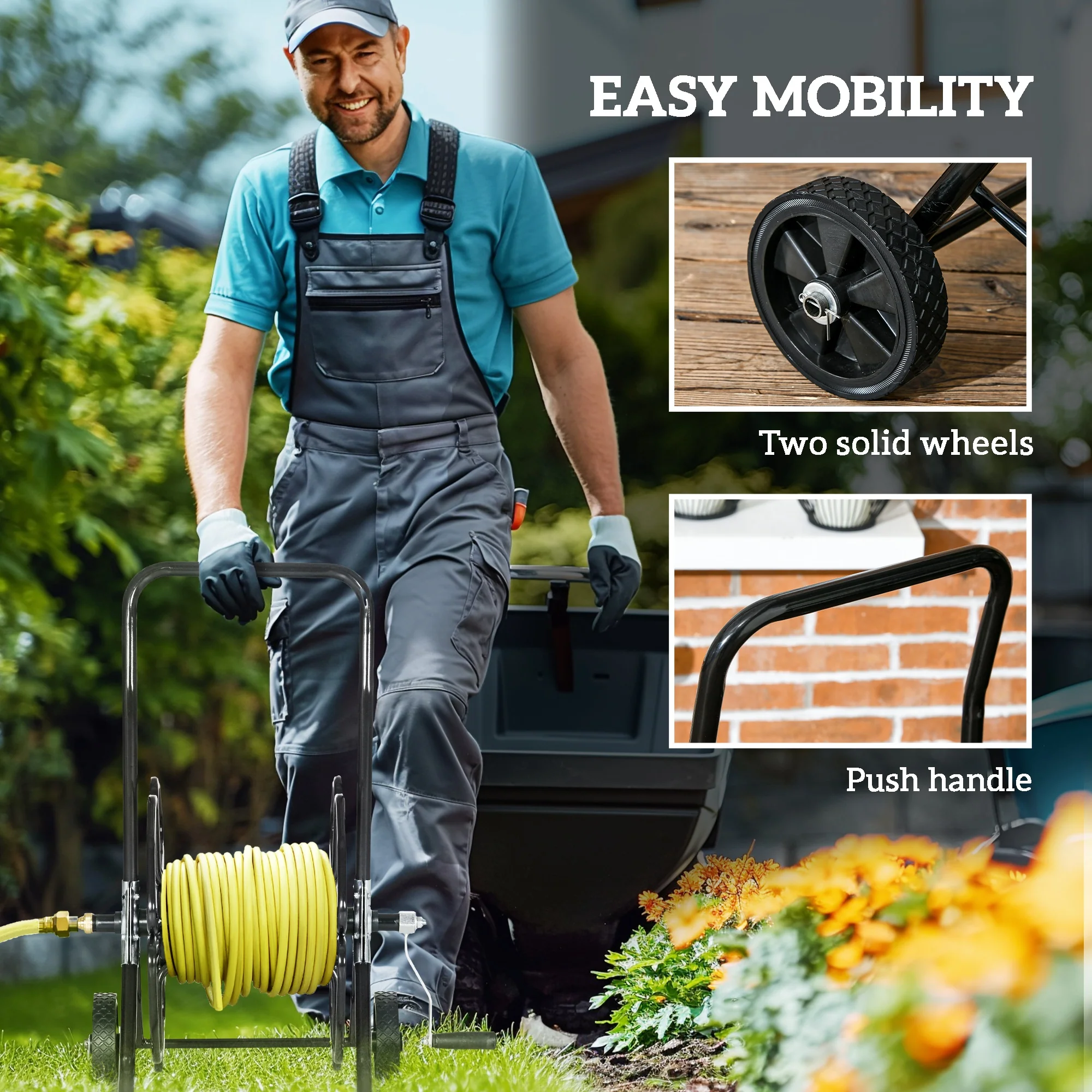 98ft 5/8" Hose Reel Cart with Wheels (Hose Not Included), Black - Image 8