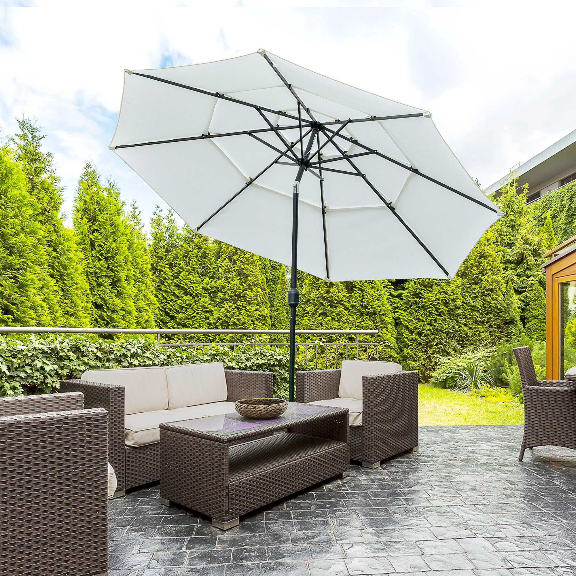 9' 3-Tier Market Umbrella with Push-Button Tilt & Crank, Cream White - Image 4