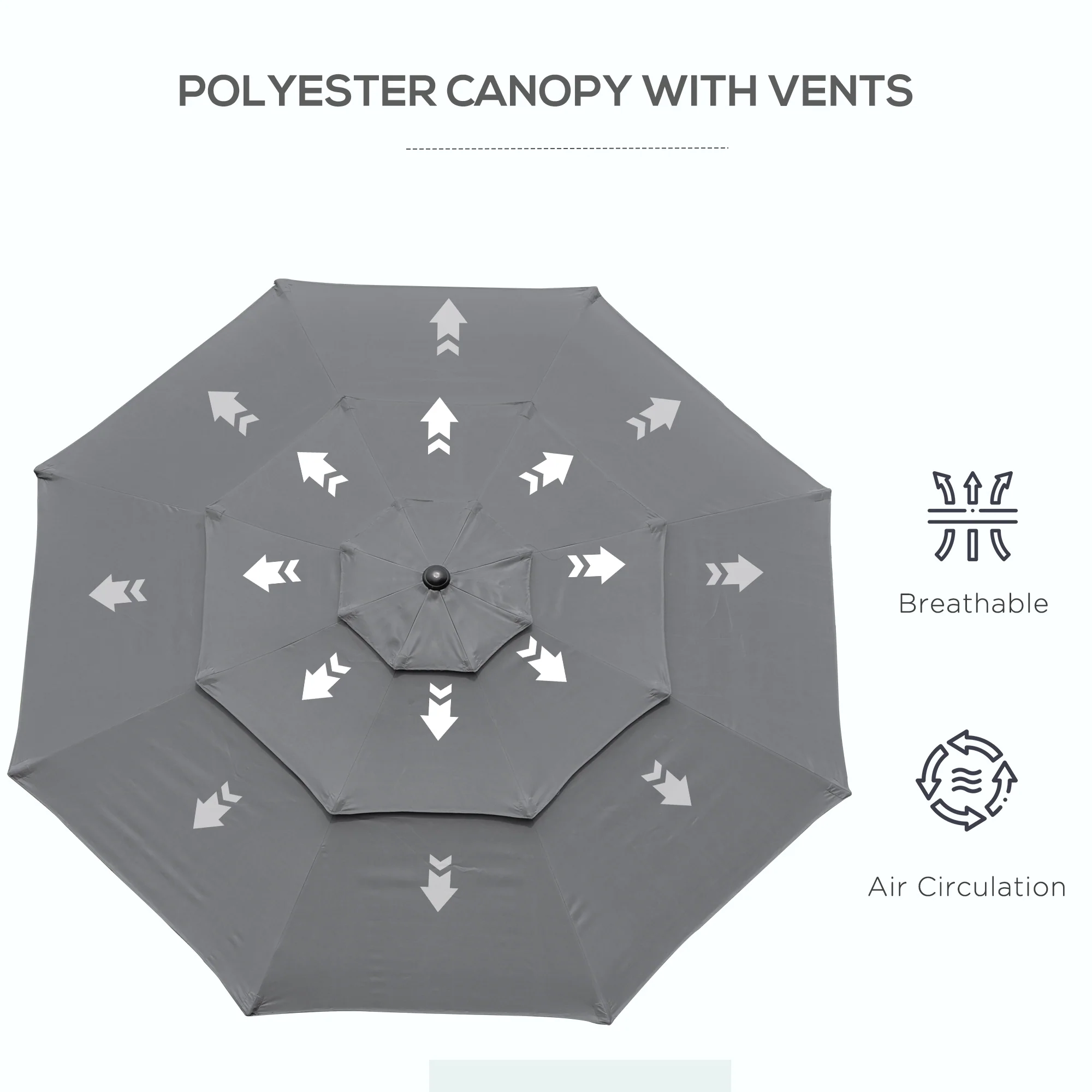 9' 3-Tier Market Umbrella with Push-Button Tilt & Crank, Light Grey - Image 10