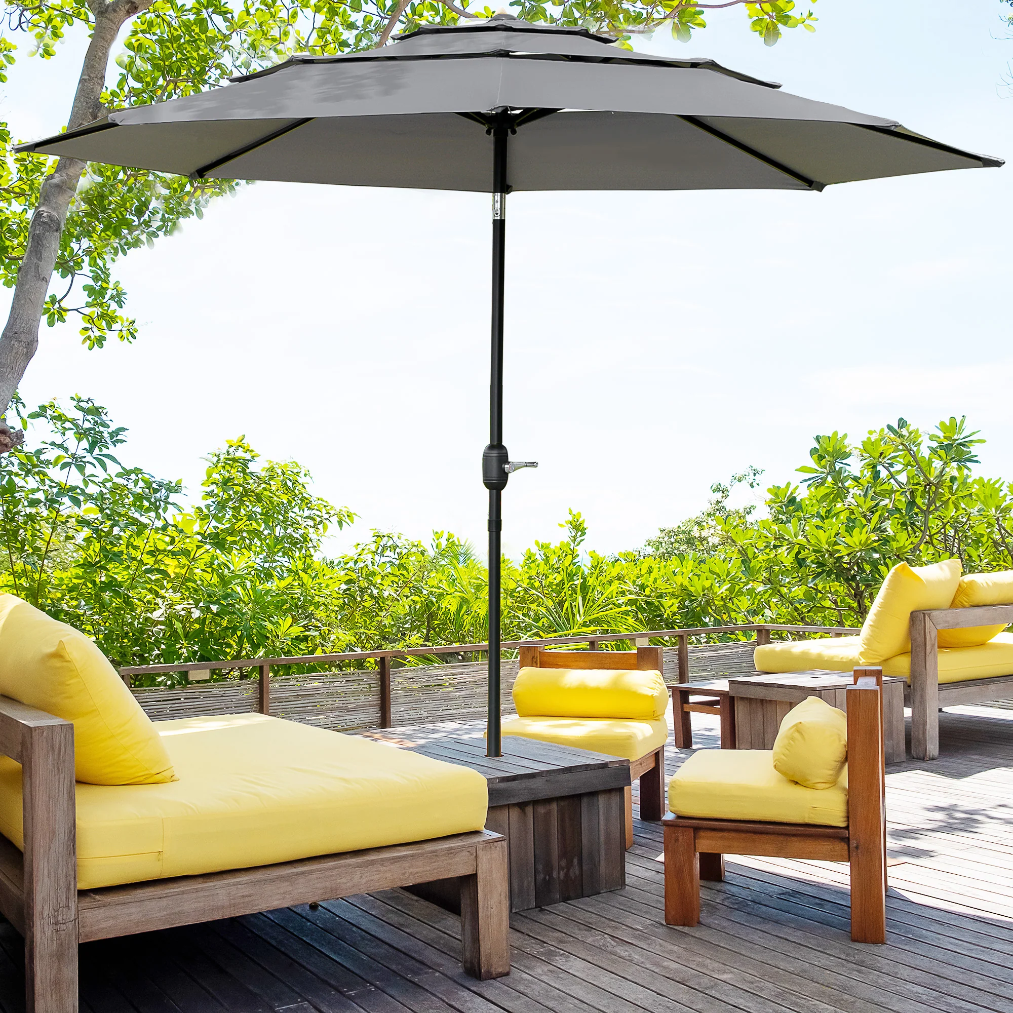 9' 3-Tier Market Umbrella with Push-Button Tilt & Crank, Light Grey - Image 3
