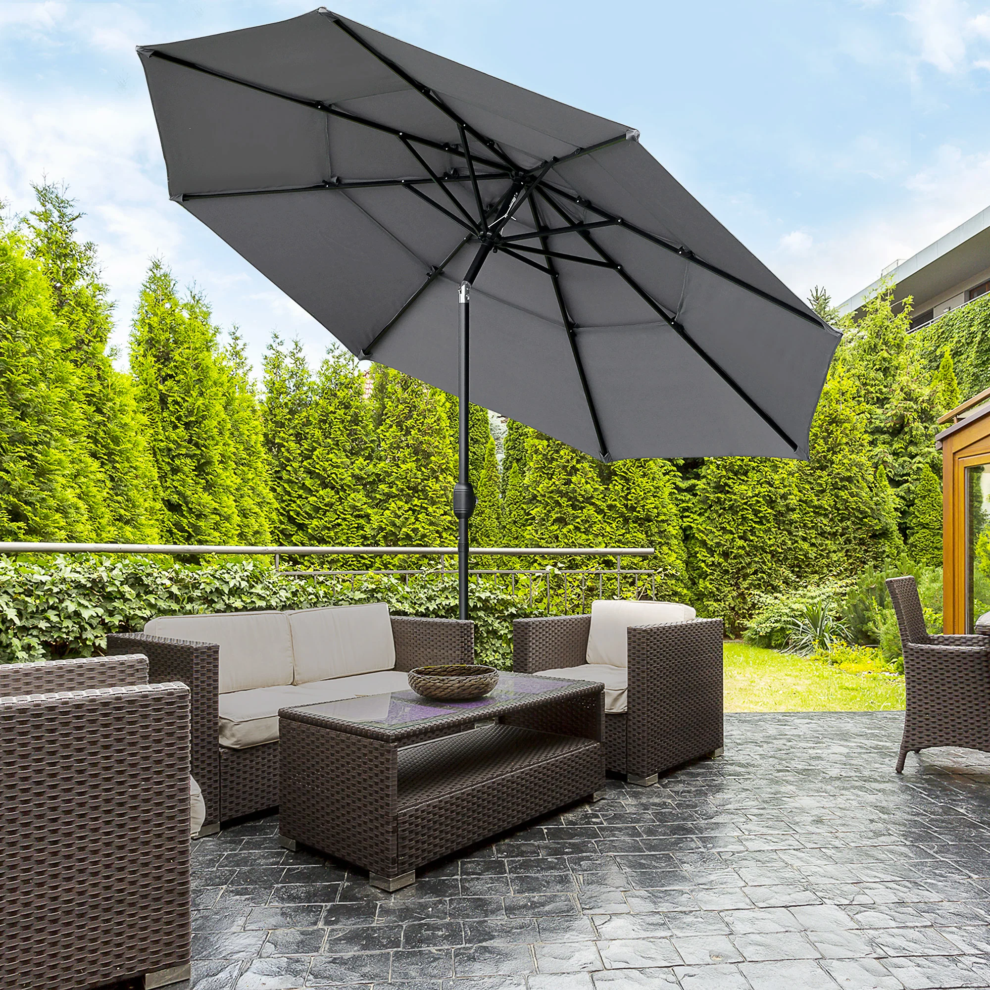 9' 3-Tier Market Umbrella with Push-Button Tilt & Crank, Light Grey - Image 4