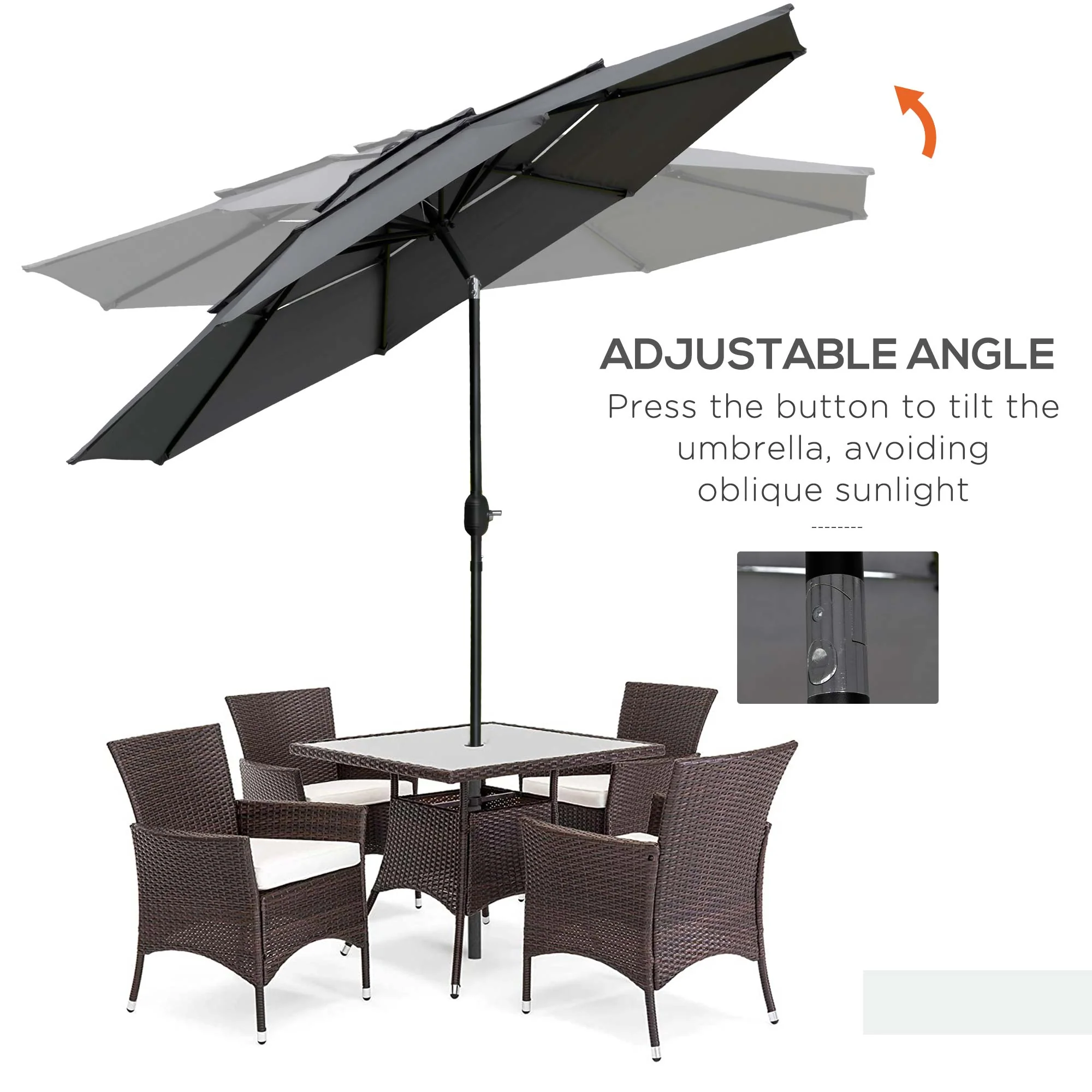 9' 3-Tier Market Umbrella with Push-Button Tilt & Crank, Light Grey - Image 6