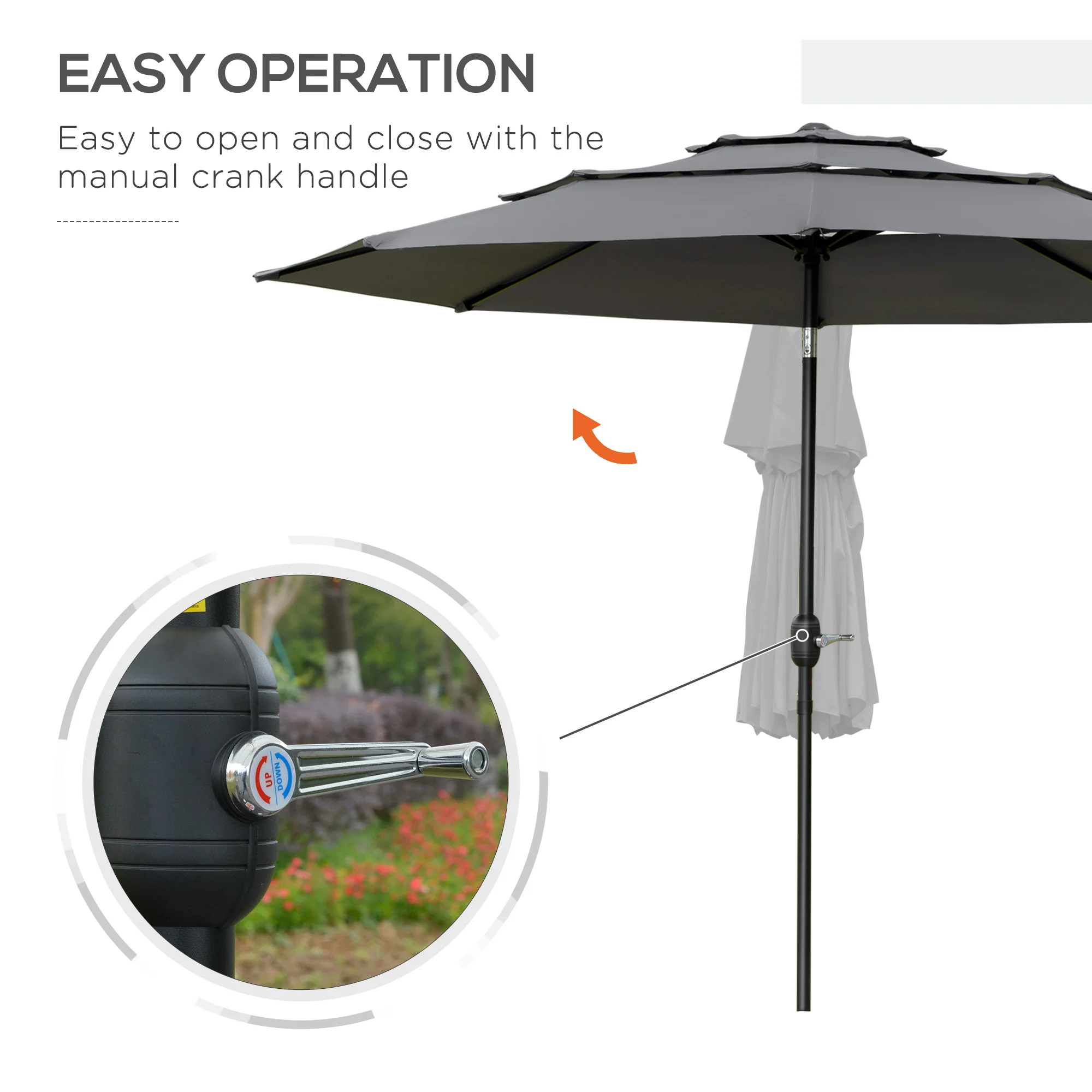 9' 3-Tier Market Umbrella with Push-Button Tilt & Crank, Light Grey - Image 7