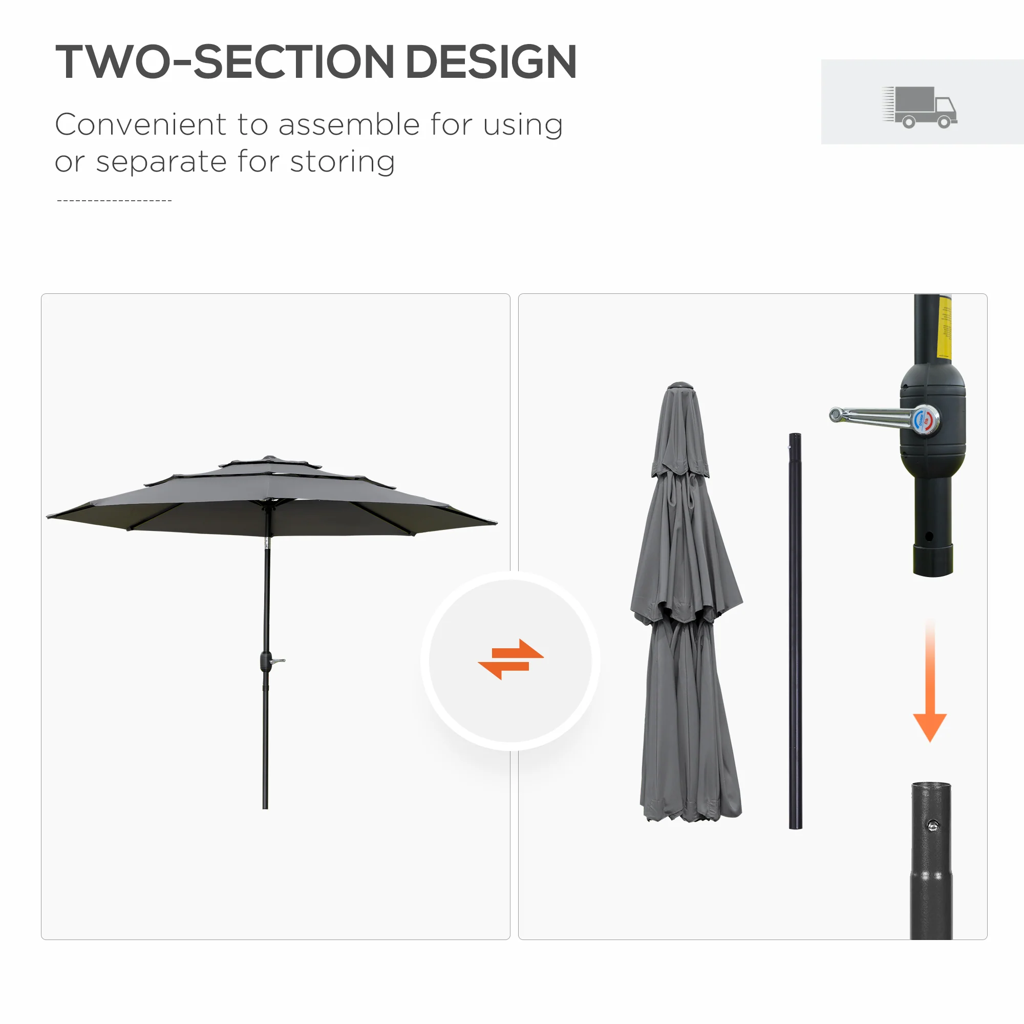 9' 3-Tier Market Umbrella with Push-Button Tilt & Crank, Light Grey - Image 8