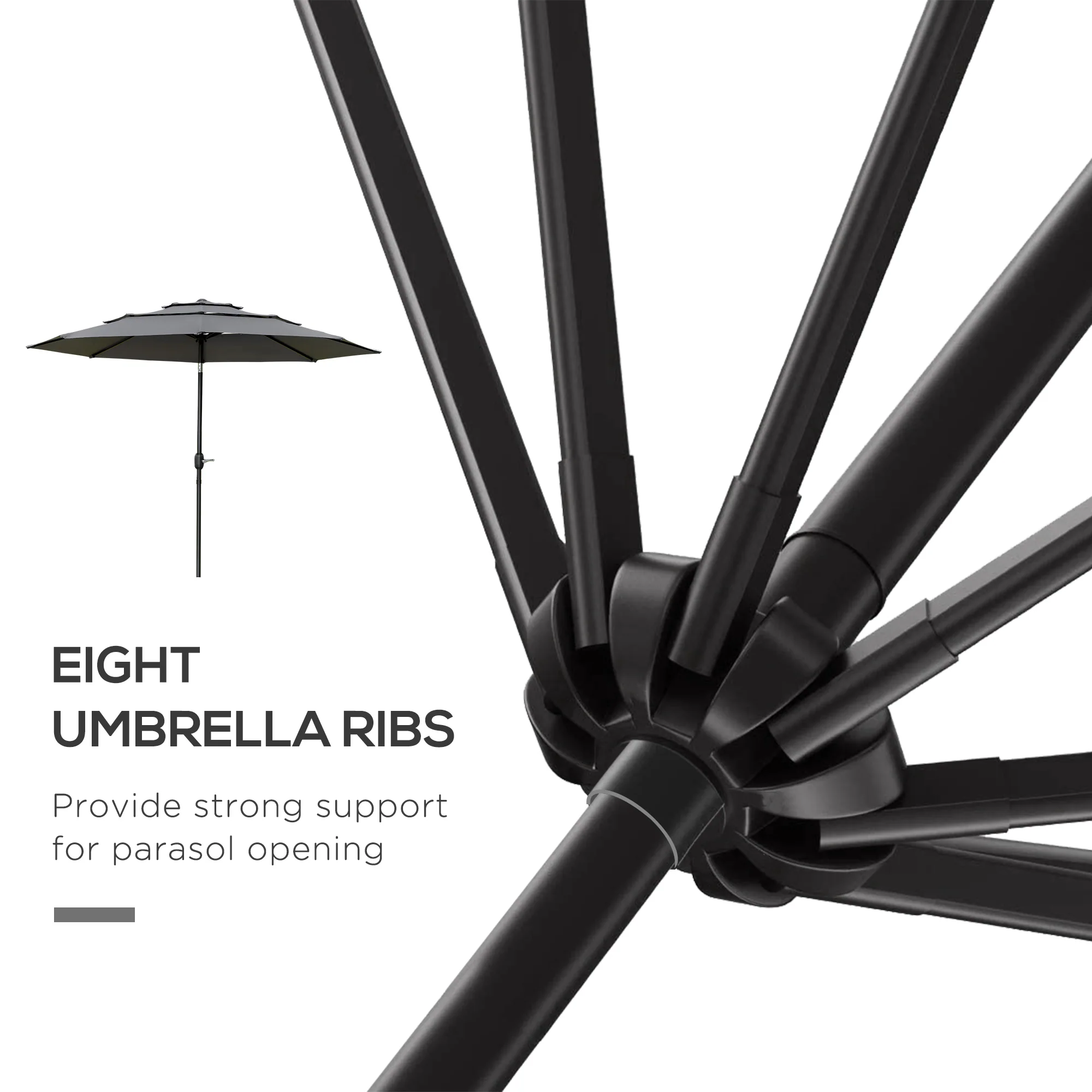 9' 3-Tier Market Umbrella with Push-Button Tilt & Crank, Light Grey - Image 9
