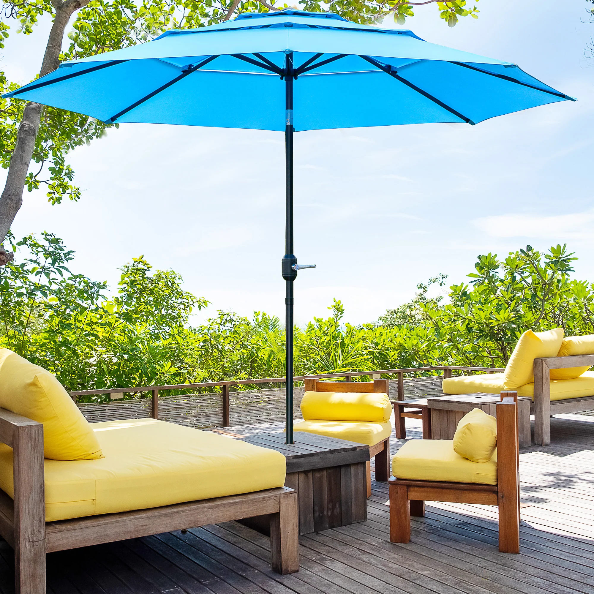 9' 3-Tier Market Umbrella with Push-Button Tilt & Crank, Sky Blue - Image 3