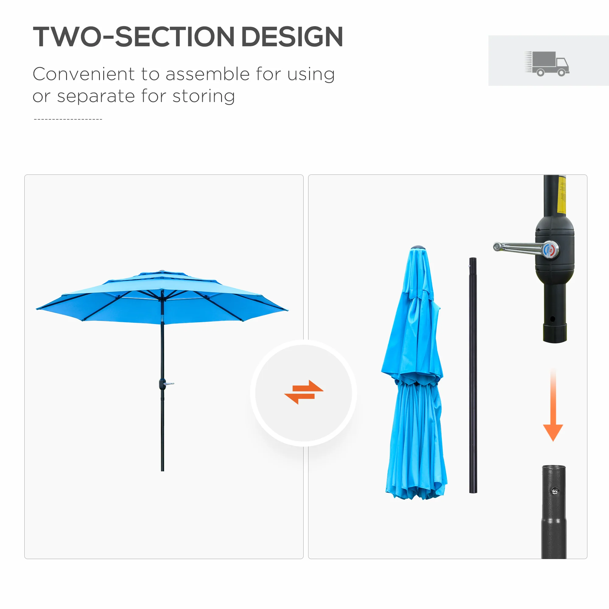 9' 3-Tier Market Umbrella with Push-Button Tilt & Crank, Sky Blue - Image 8