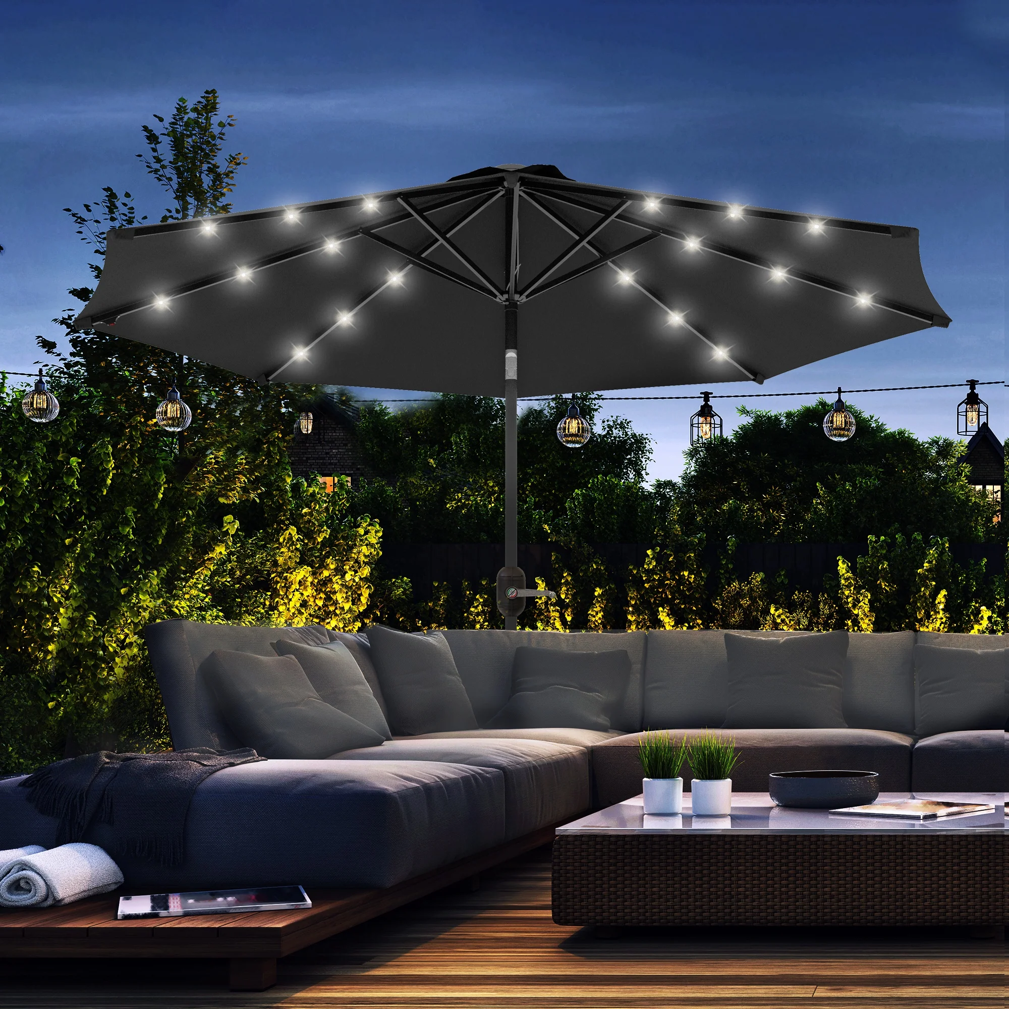 9ft Solar Patio Umbrella Outdoor Sunshade 24 LED Lights Tilt Canopy, Black - Image 3