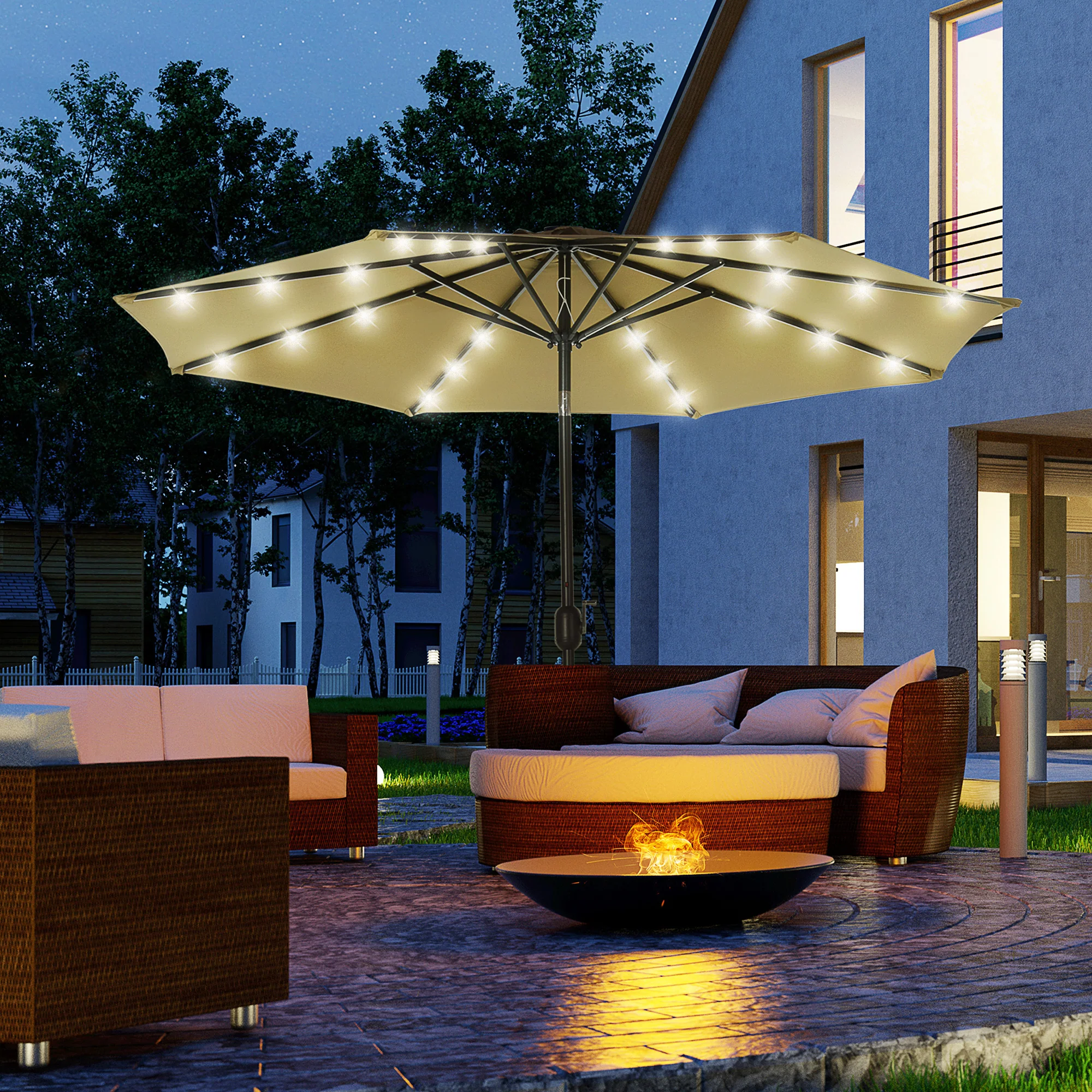 9ft Solar Patio Umbrella Outdoor Sunshade 24 LED Lights Tilt Canopy, Brown - Image 3