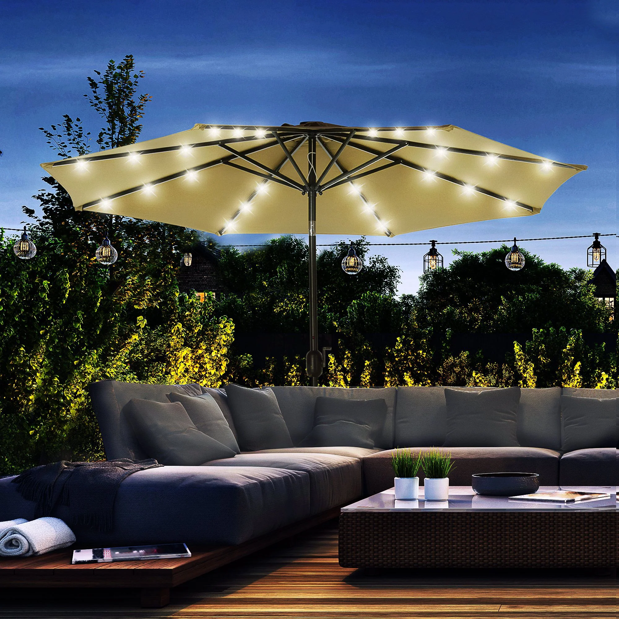 9ft Solar Patio Umbrella Outdoor Sunshade 24 LED Lights Tilt Canopy, Brown - Image 4