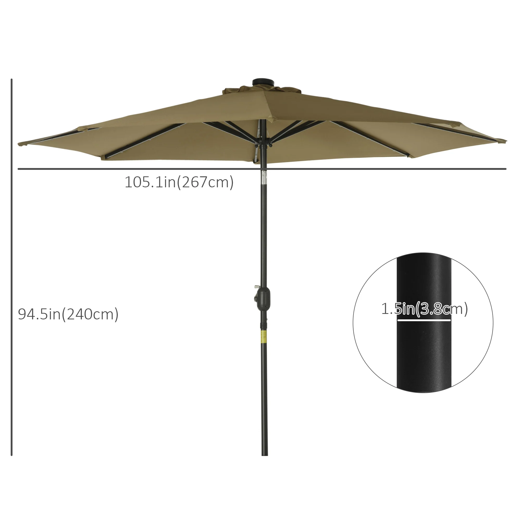 9ft Solar Patio Umbrella Outdoor Sunshade 24 LED Lights Tilt Canopy, Brown - Image 5
