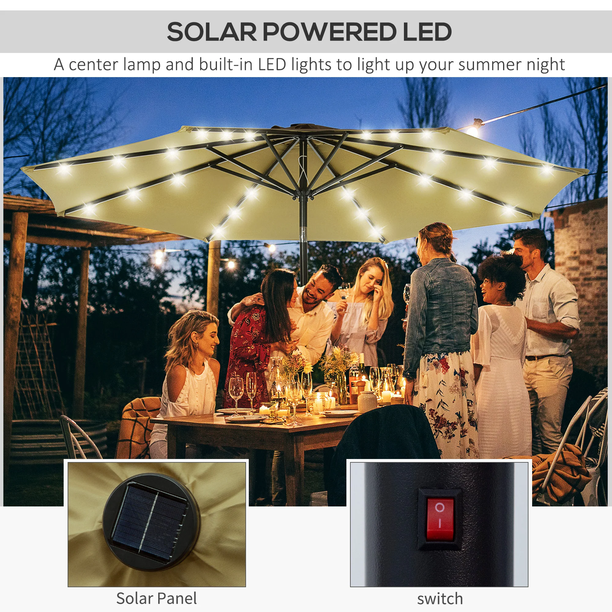 9ft Solar Patio Umbrella Outdoor Sunshade 24 LED Lights Tilt Canopy, Brown - Image 6