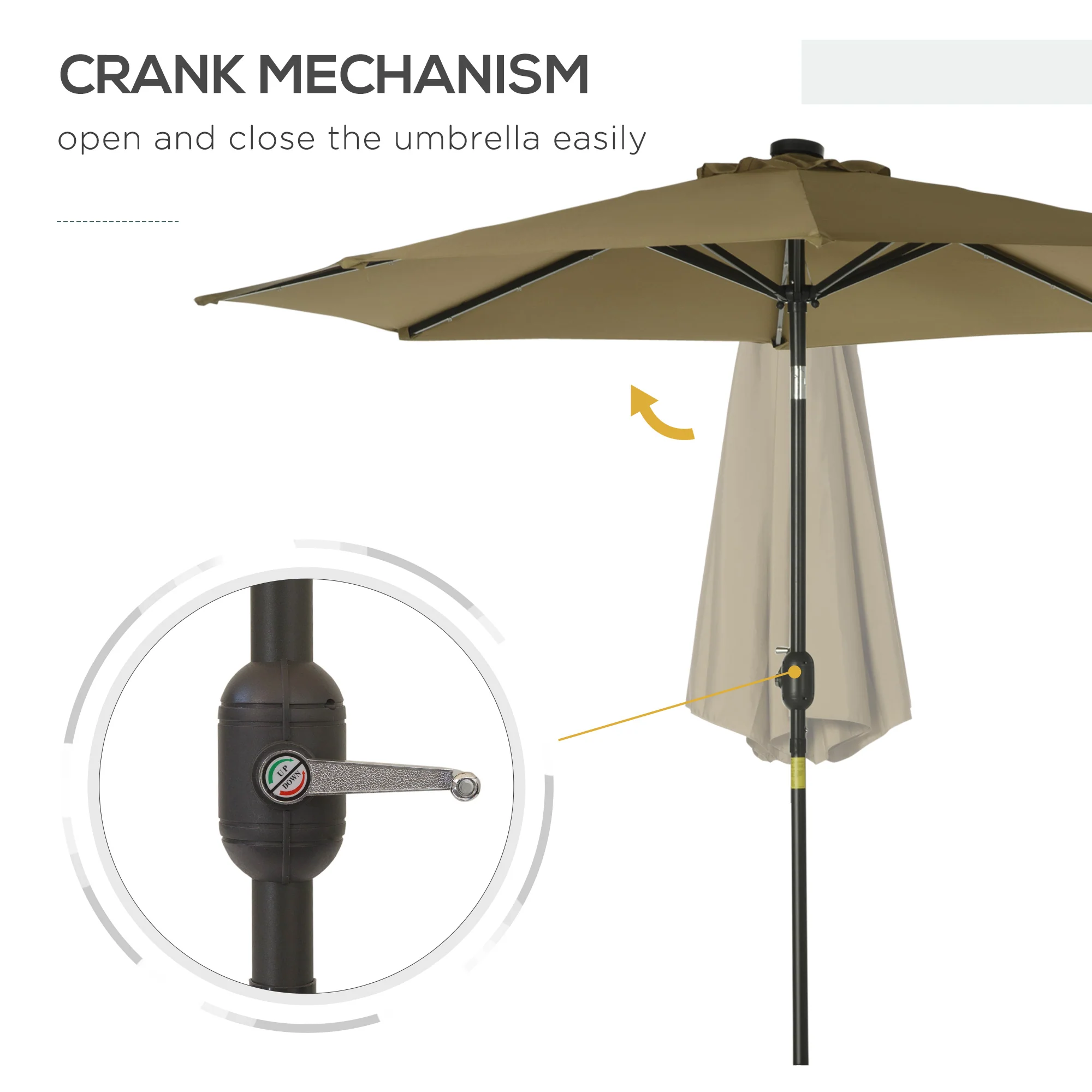 9ft Solar Patio Umbrella Outdoor Sunshade 24 LED Lights Tilt Canopy, Brown - Image 7