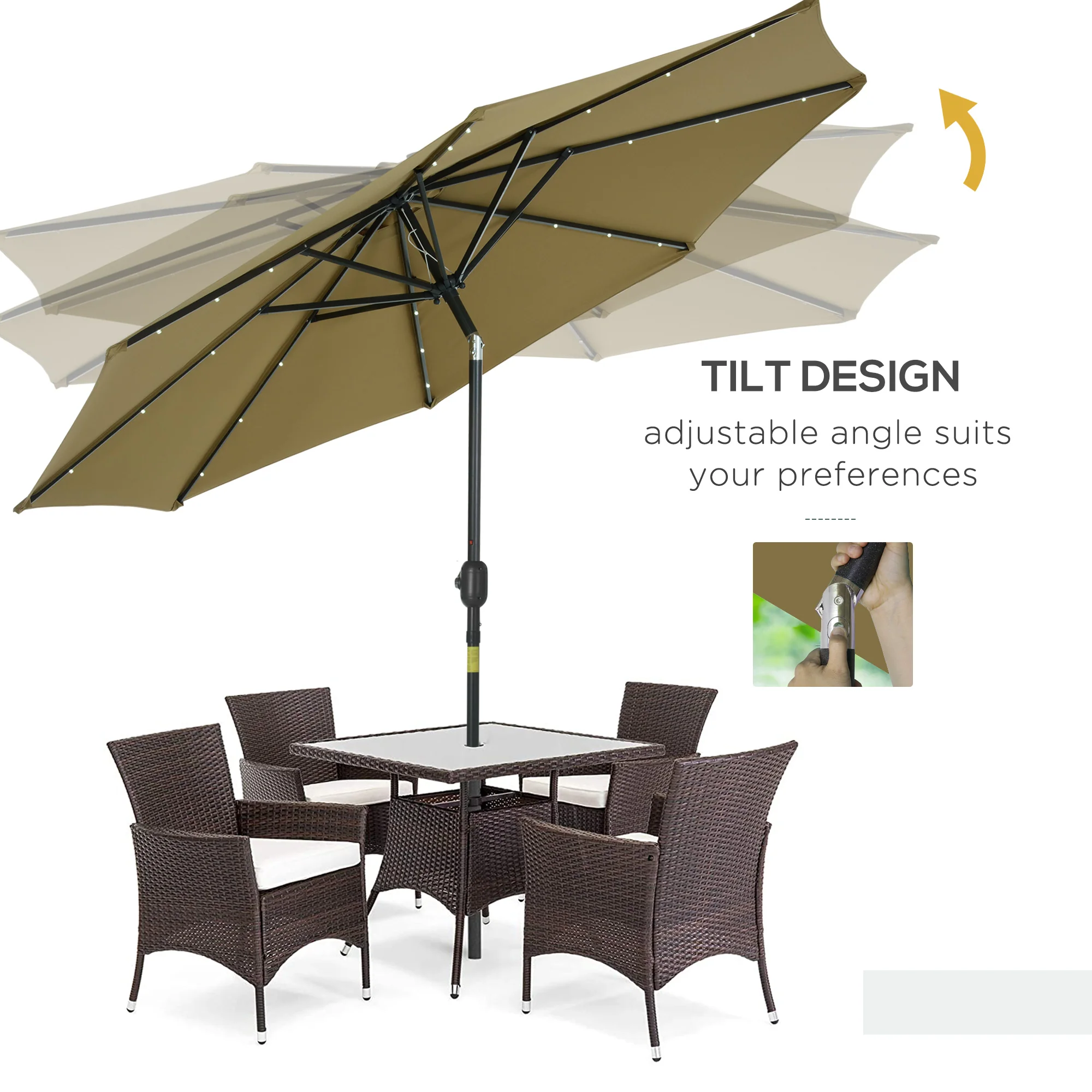 9ft Solar Patio Umbrella Outdoor Sunshade 24 LED Lights Tilt Canopy, Brown - Image 8
