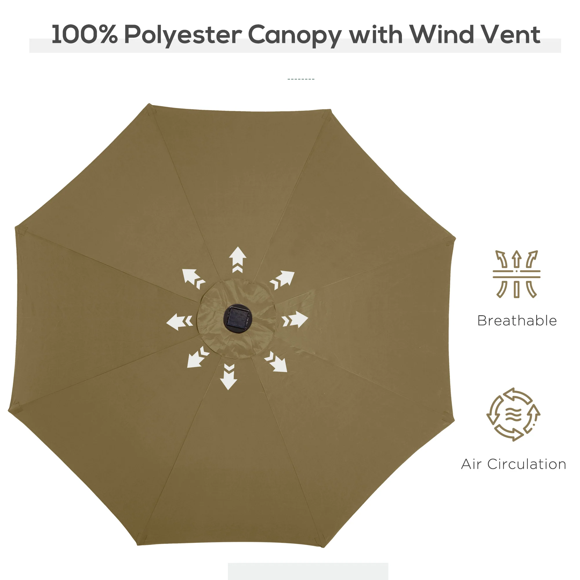 9ft Solar Patio Umbrella Outdoor Sunshade 24 LED Lights Tilt Canopy, Brown - Image 9