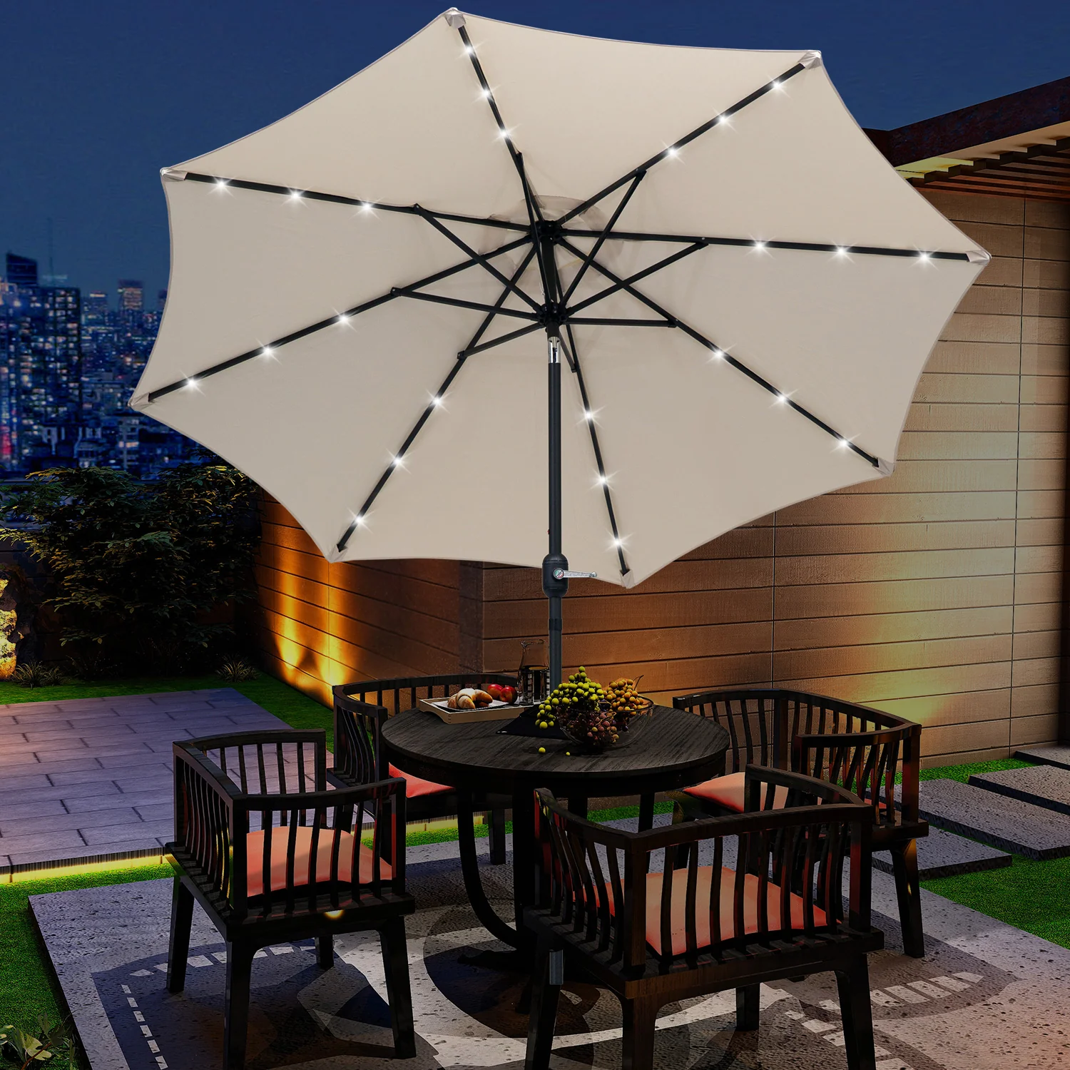 9ft Solar Patio Umbrella Outdoor Sunshade 24 LED Lights Tilt Canopy, Cream - Image 3