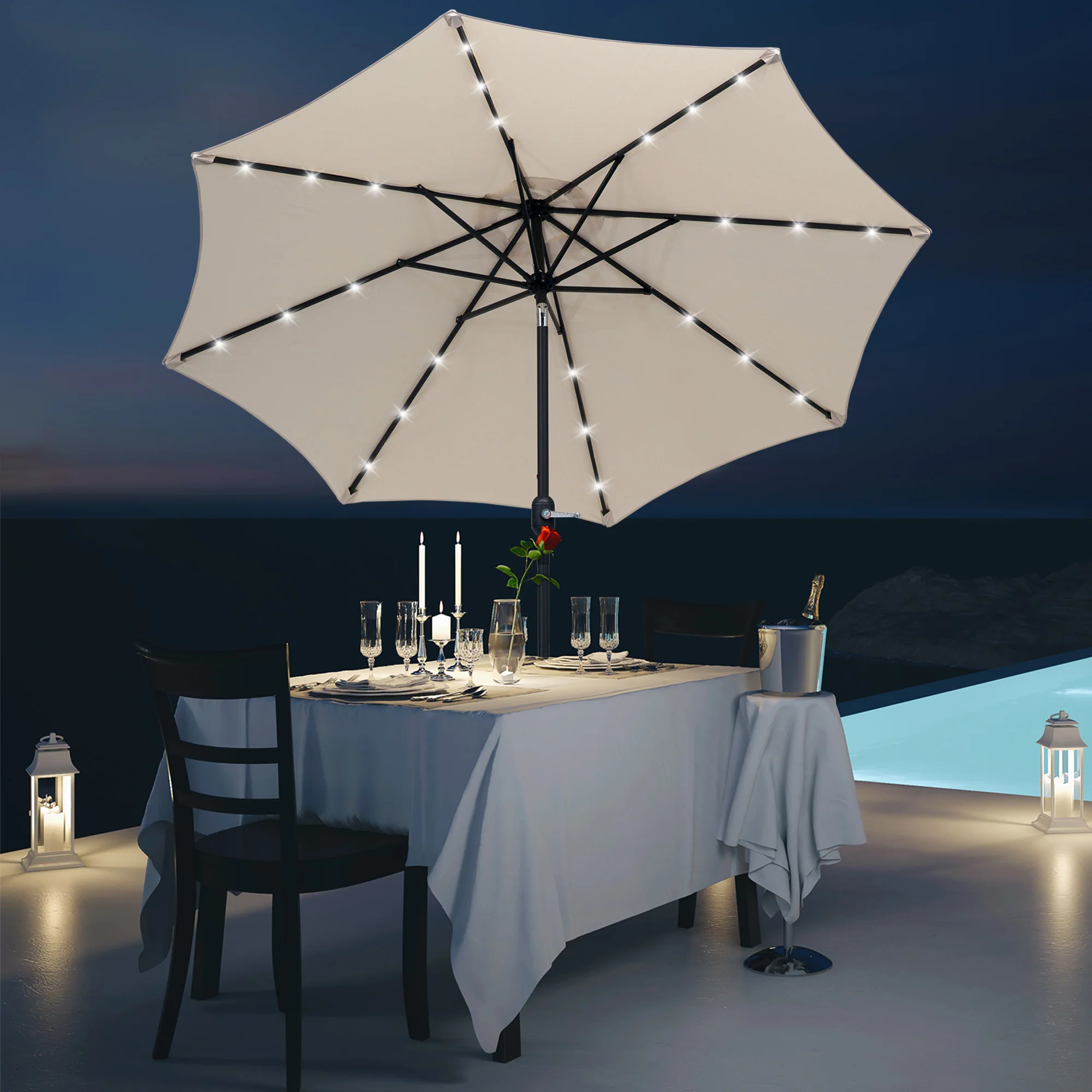 9ft Solar Patio Umbrella Outdoor Sunshade 24 LED Lights Tilt Canopy, Cream - Image 4