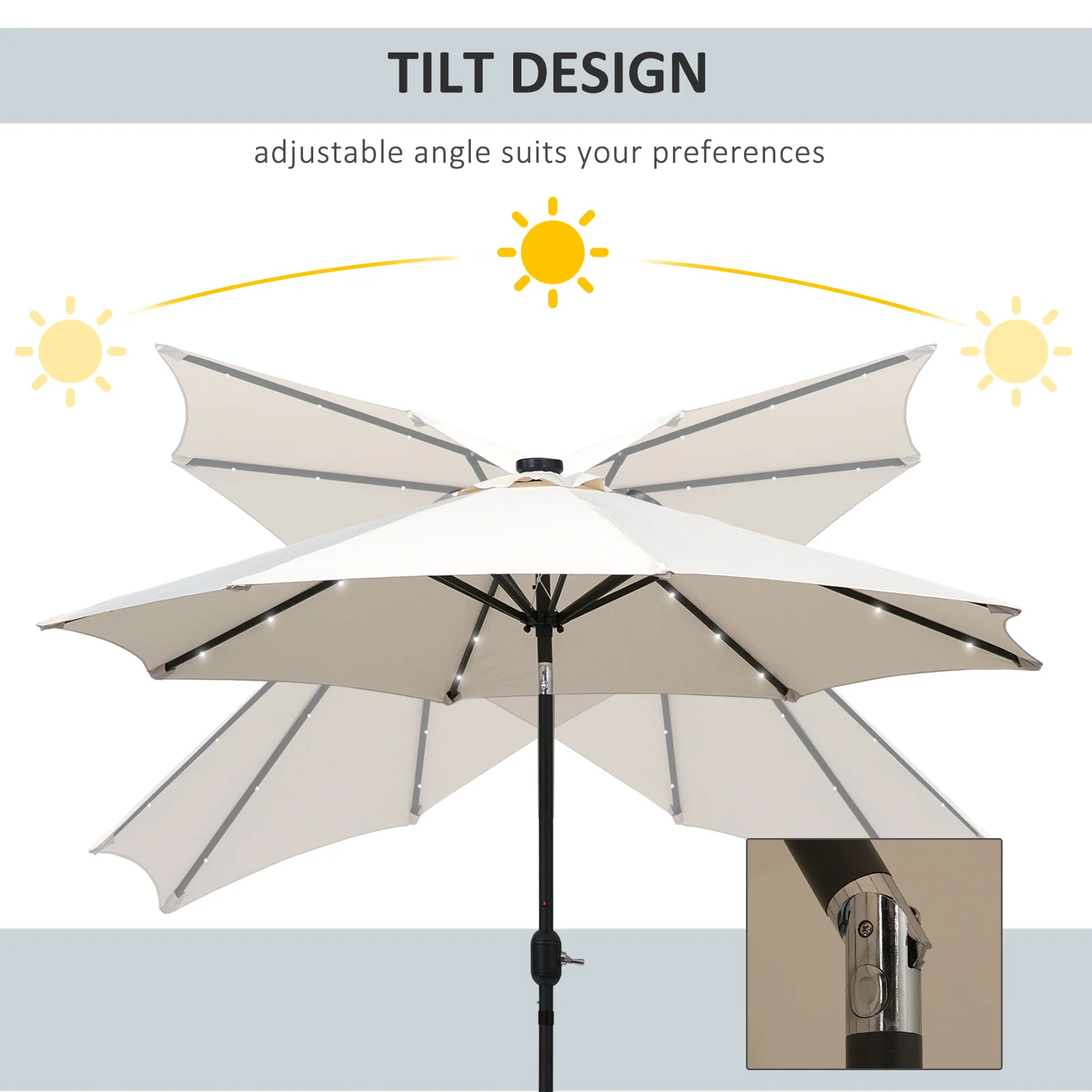 9ft Solar Patio Umbrella Outdoor Sunshade 24 LED Lights Tilt Canopy, Cream - Image 6
