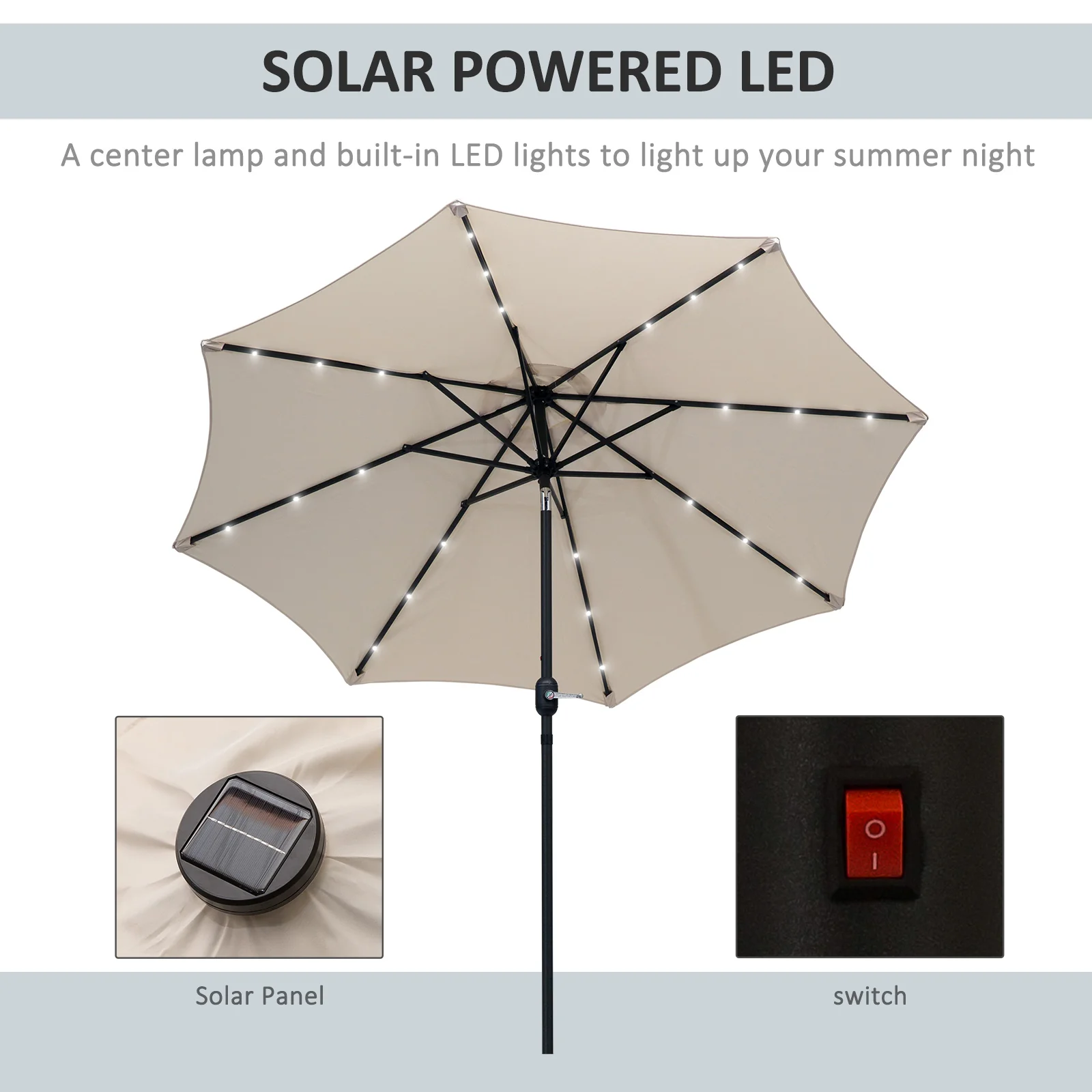 9ft Solar Patio Umbrella Outdoor Sunshade 24 LED Lights Tilt Canopy, Cream - Image 8