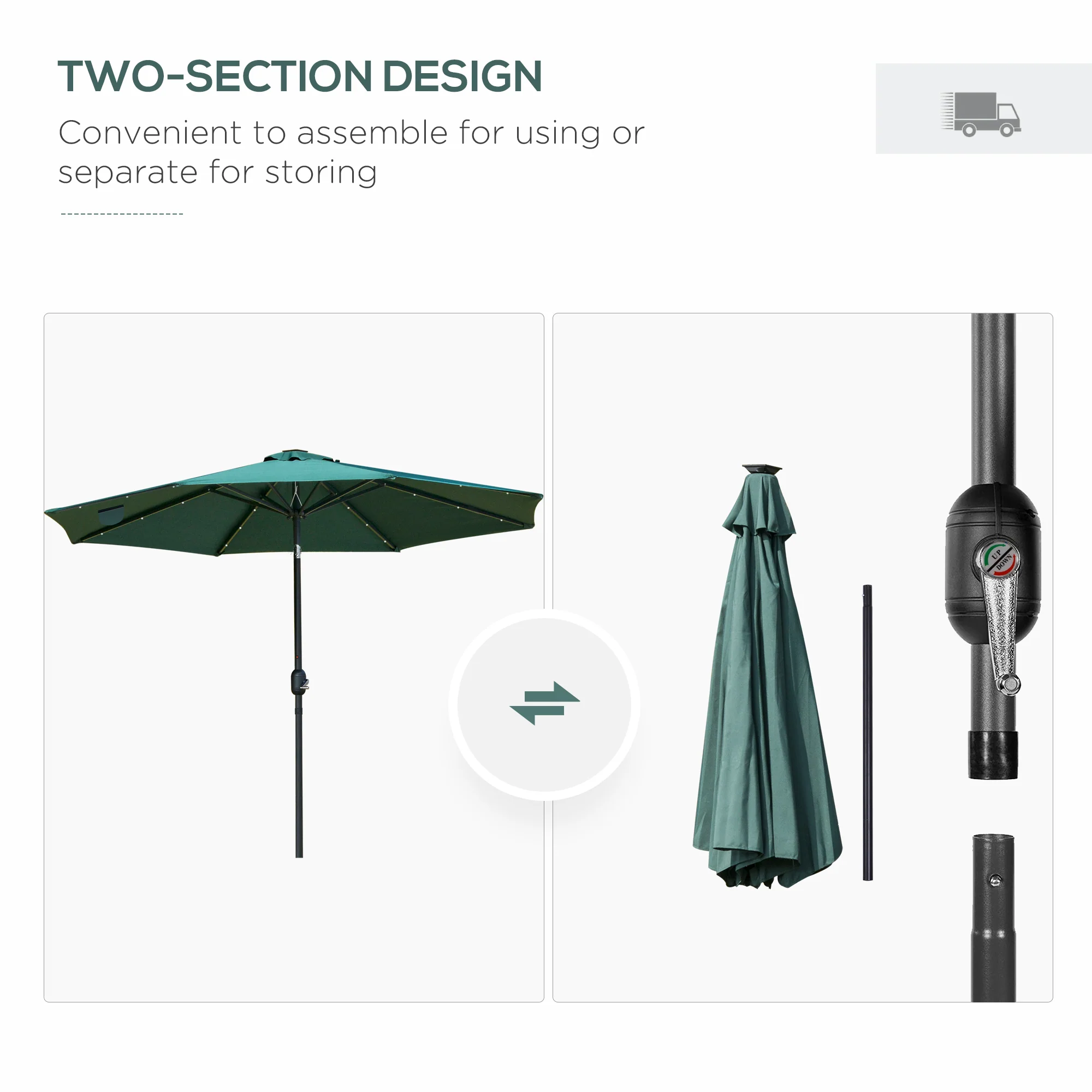 9ft Solar Patio Umbrella Outdoor Sunshade 24 LED Lights Tilt Canopy, Green - Image 10