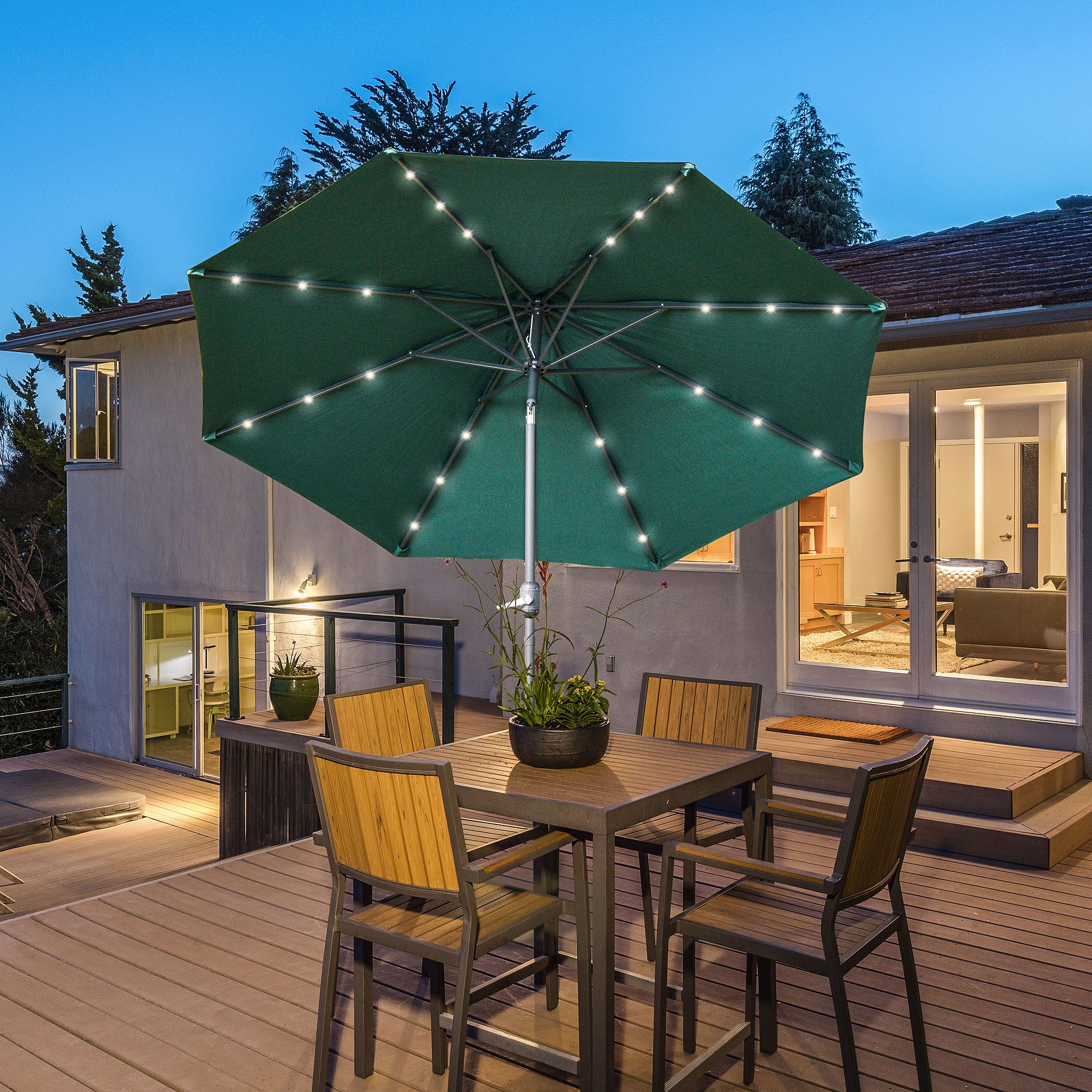 9ft Solar Patio Umbrella Outdoor Sunshade 24 LED Lights Tilt Canopy, Green - Image 3