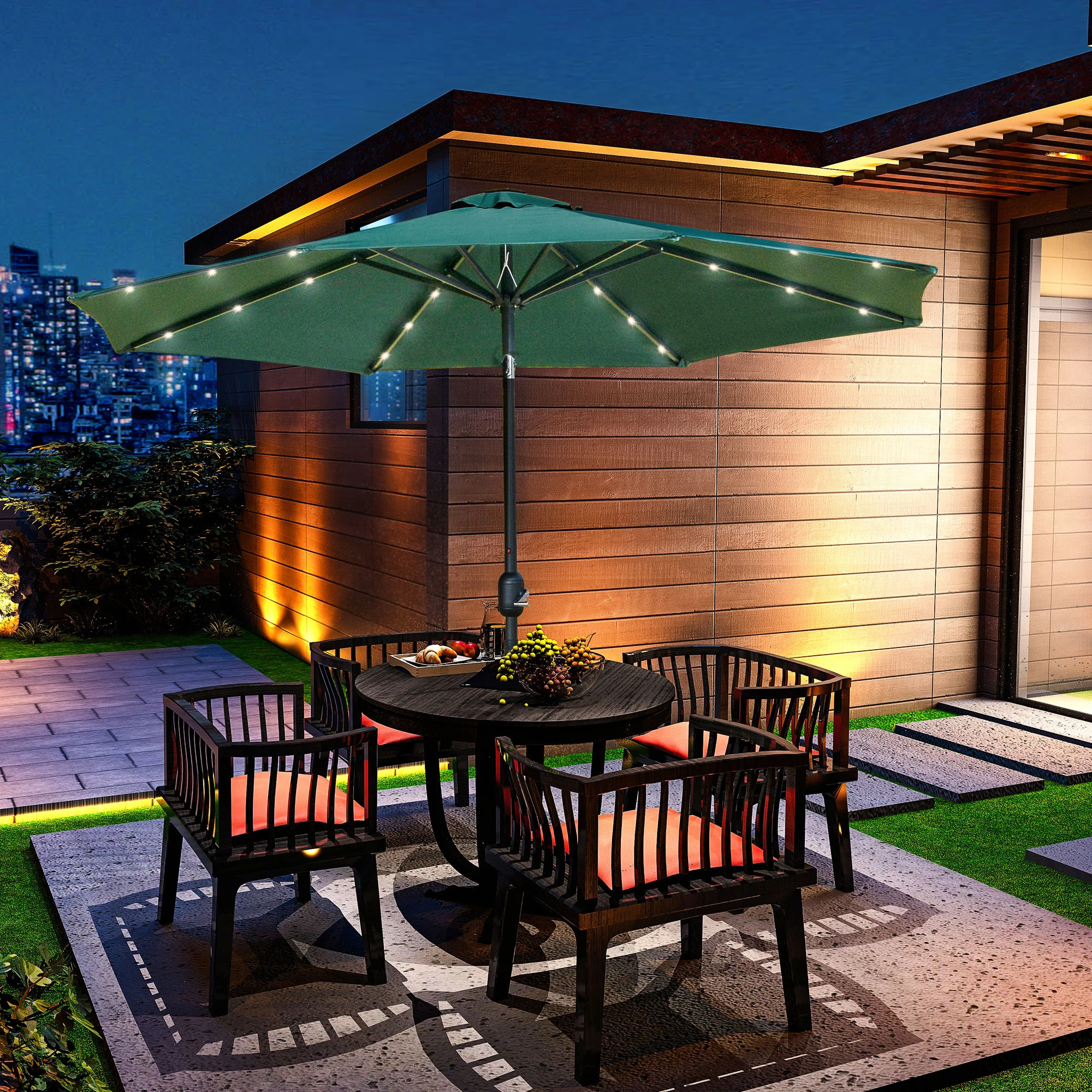 9ft Solar Patio Umbrella Outdoor Sunshade 24 LED Lights Tilt Canopy, Green - Image 4