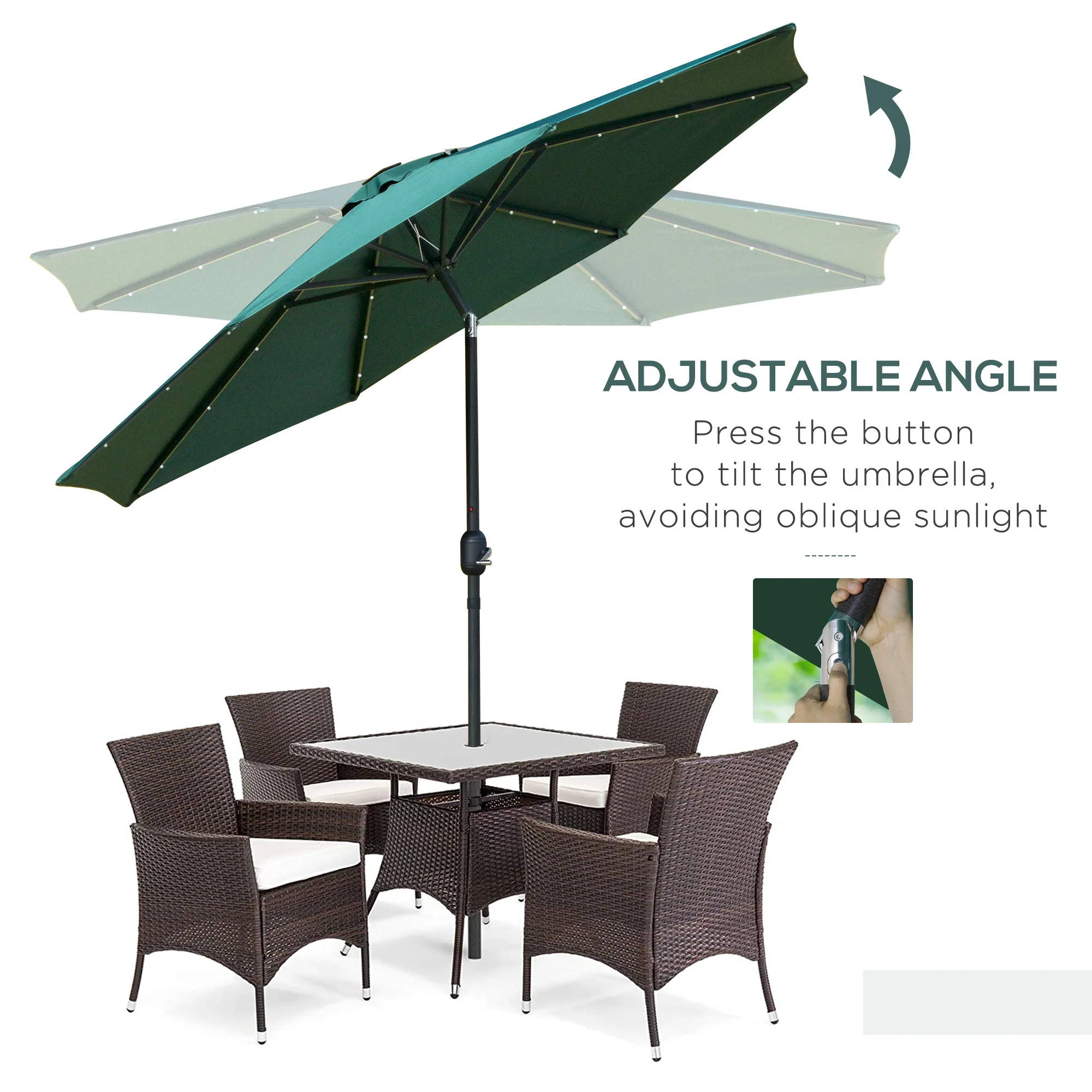 9ft Solar Patio Umbrella Outdoor Sunshade 24 LED Lights Tilt Canopy, Green - Image 7